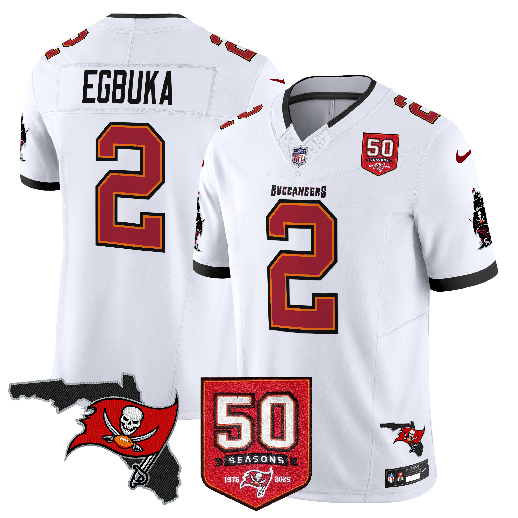 Emeka Egbuka Men's Tampa Bay Buccaneers 50th Season Patch Vapor Limited White Jersey - All Stitched