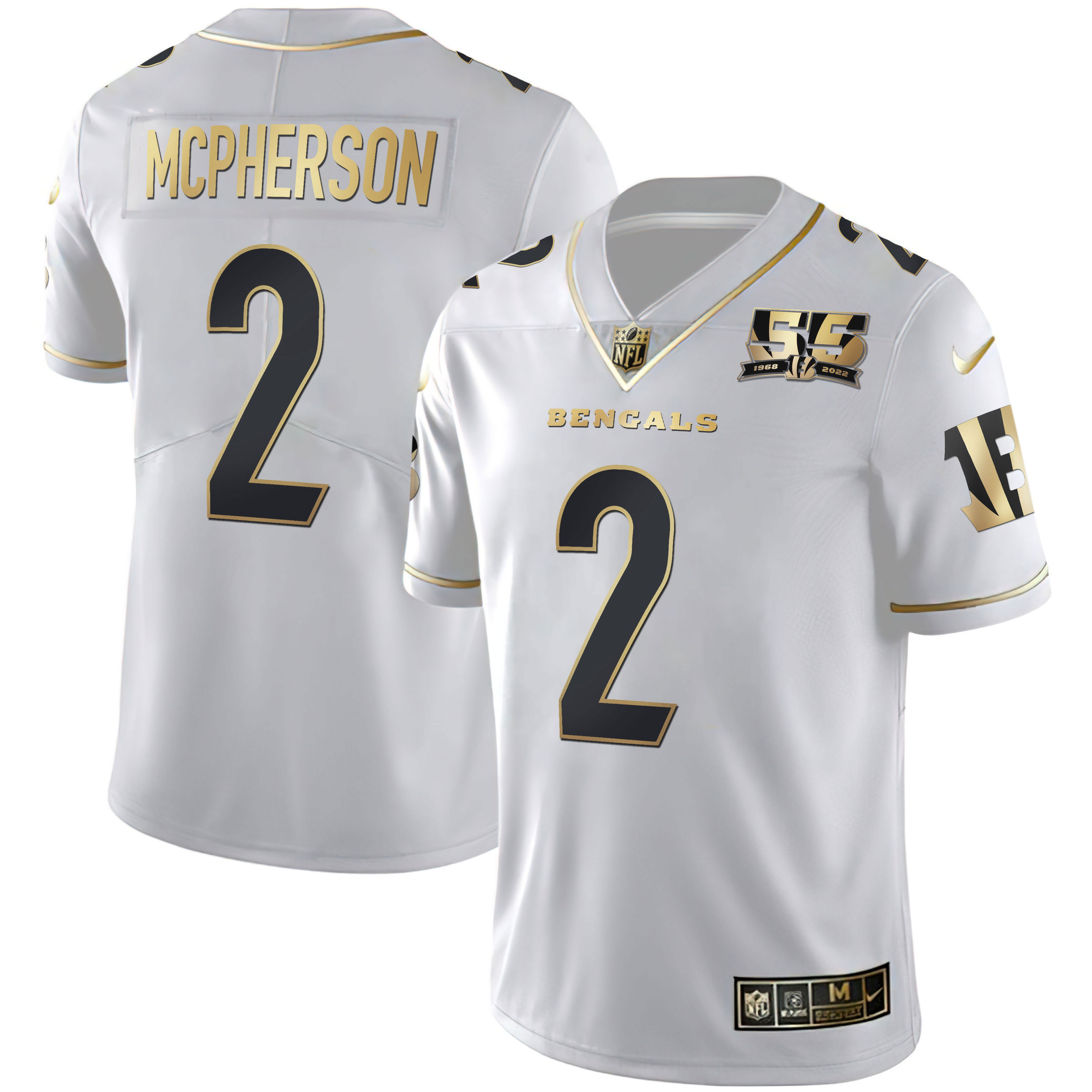 Evan McPherson Men's Cincinnati Bengals 55th 1968 - 2022 Anniversary Patch White Gold & Black Gold White Gold Jersey - All Stitched