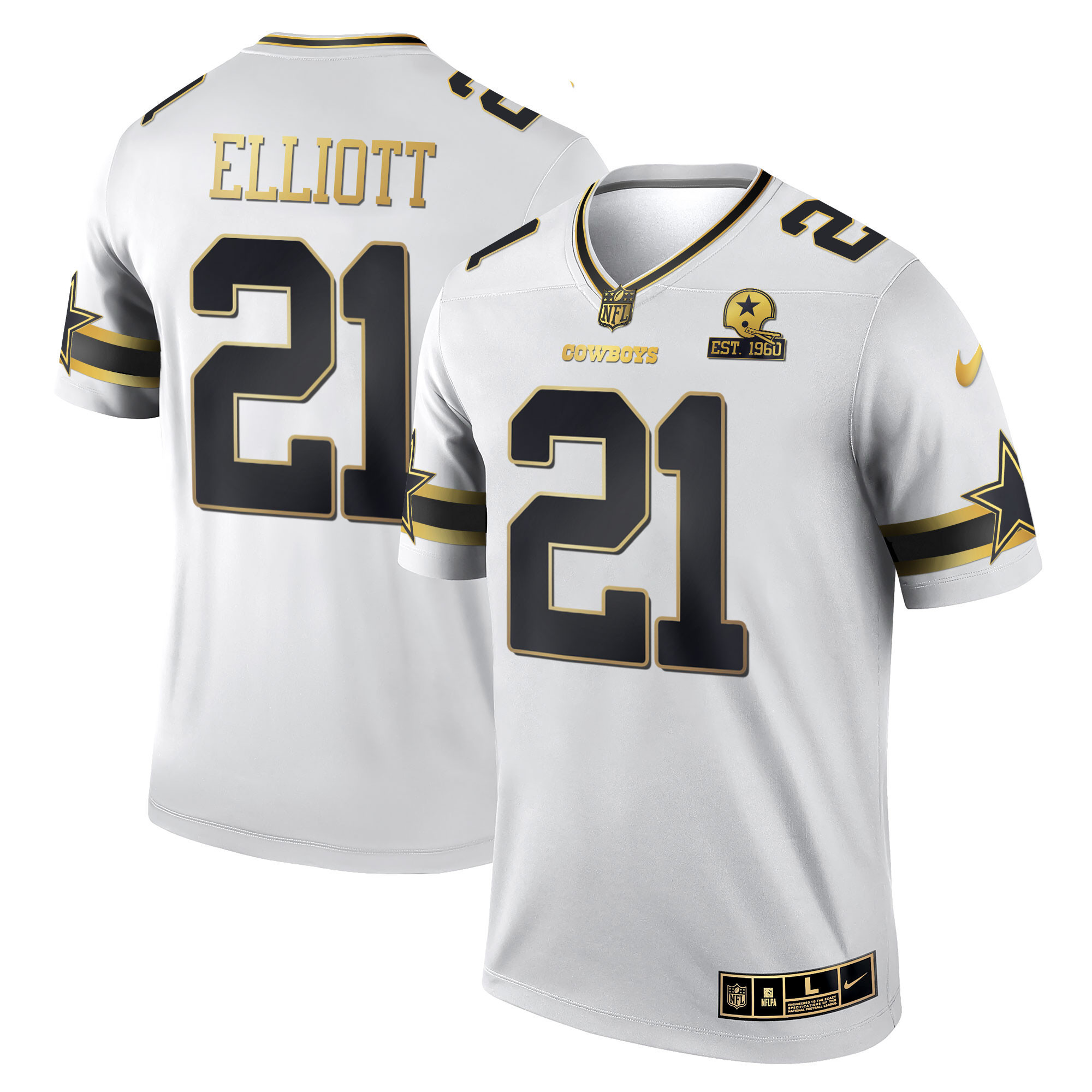 Ezekiel Elliott Men's Dallas Cowboys Black & White Gold Game Team Est 1960 Patch - All Stitched White Gold Jersey - All Stitched