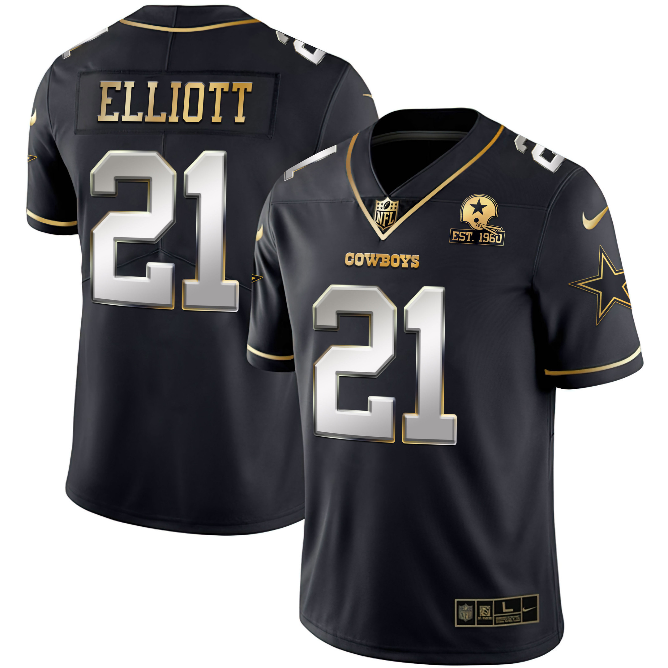 Ezekiel Elliott Men's Dallas Cowboys Gold & Split Vapor Limited Est 1960 Patch - All Stitched Black Limited Jersey - All Stitched