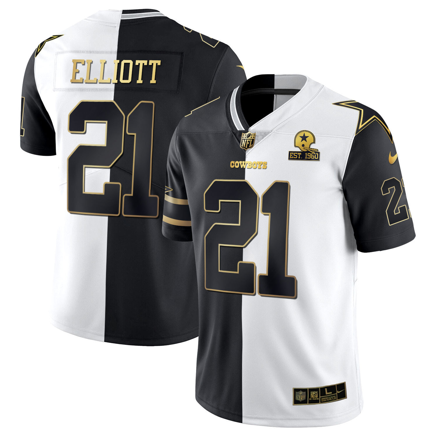 Ezekiel Elliott Men's Dallas Cowboys Split Est 1960 Patch - All Stitched Black White Gold Jersey - All Stitched
