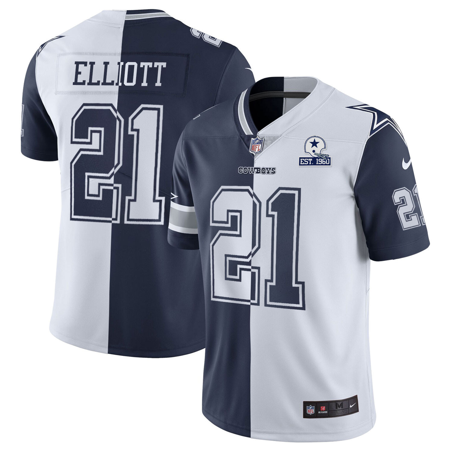 Ezekiel Elliott Men's Dallas Cowboys Split Est 1960 Patch - All Stitched Navy White Jersey - All Stitched