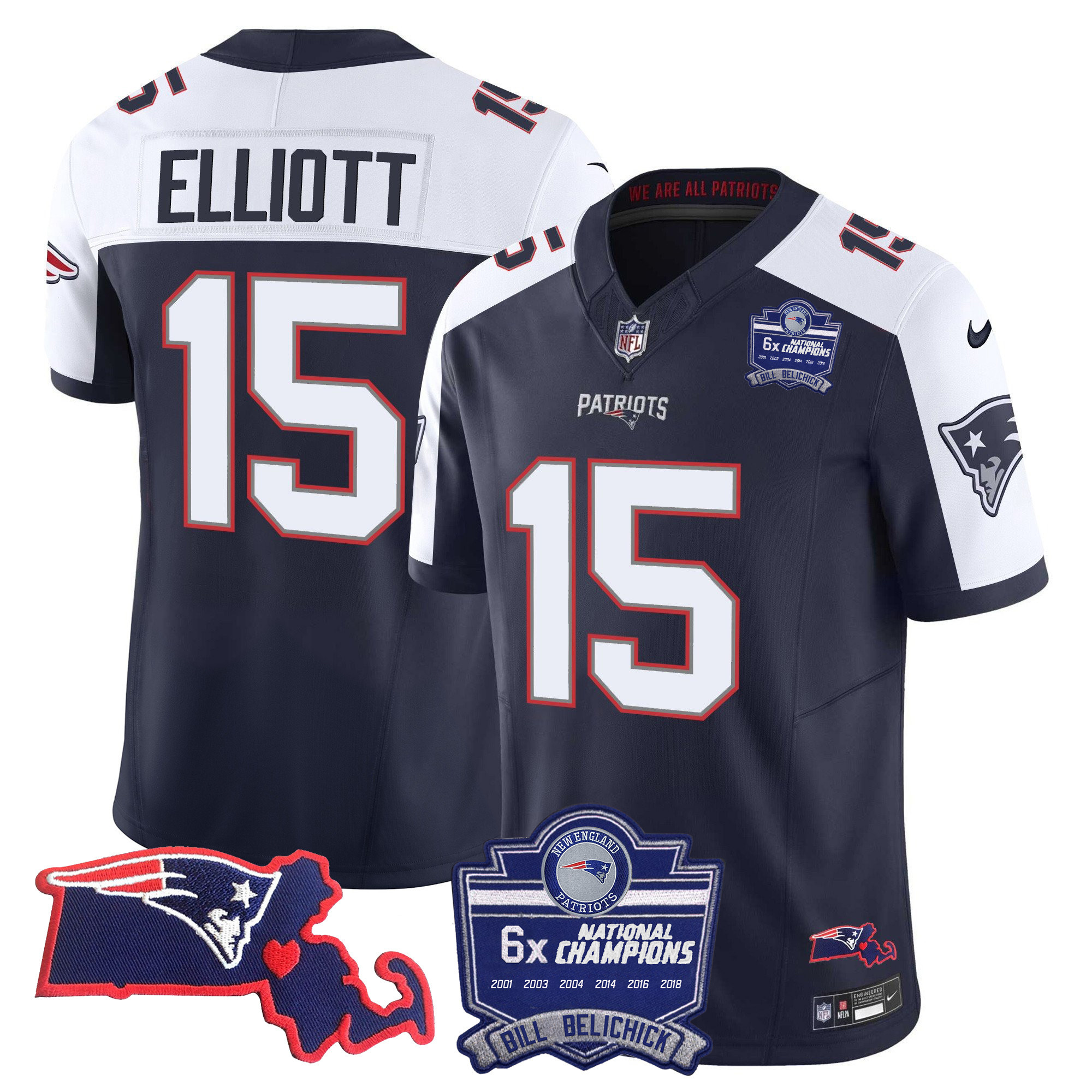 Ezekiel Elliott Men's New England Patriots Bill Belichick 6x Champions Patch Vapor Alternate Jersey - All Stitched