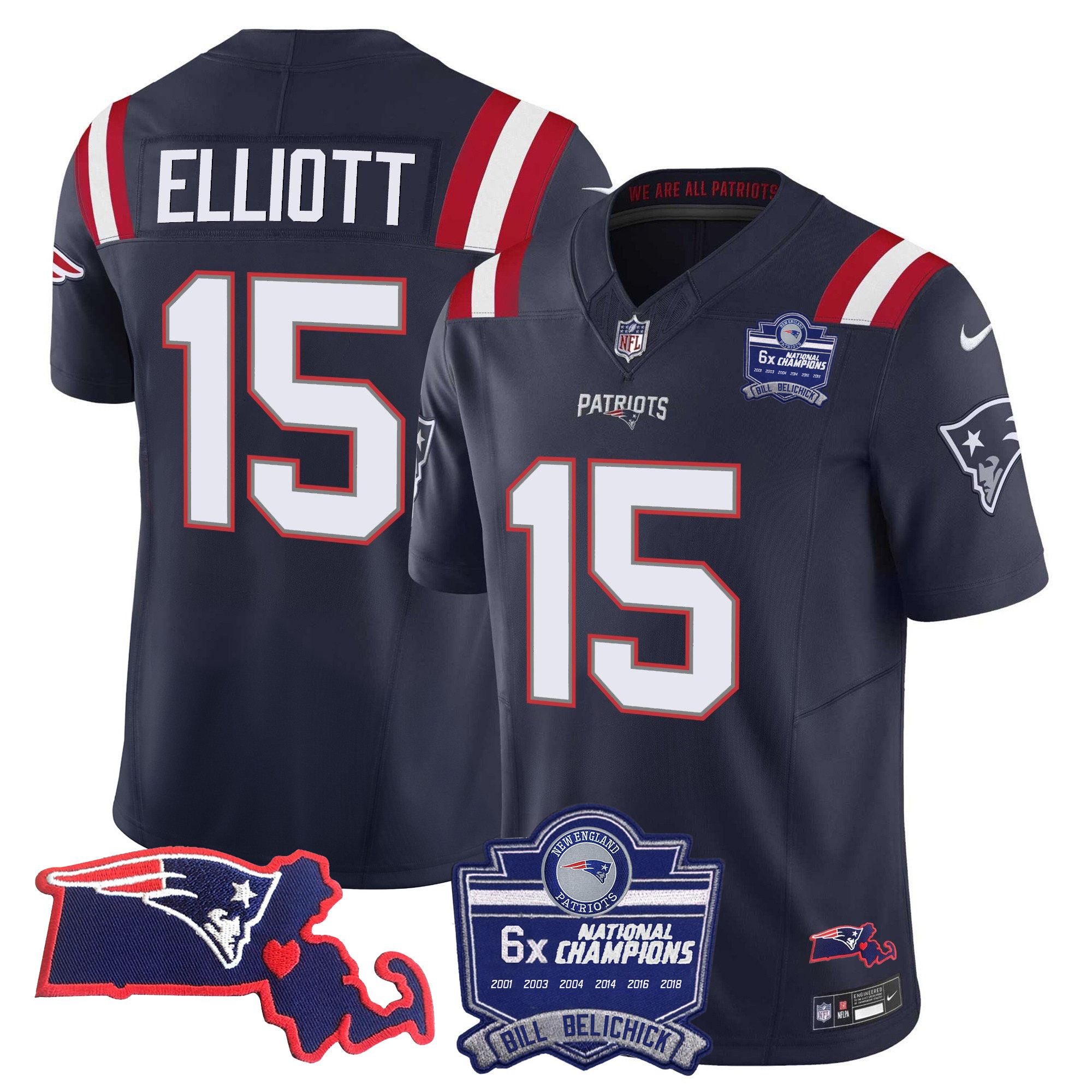 Ezekiel Elliott Men's New England Patriots Bill Belichick 6x Champions Patch Vapor Navy Jersey - All Stitched