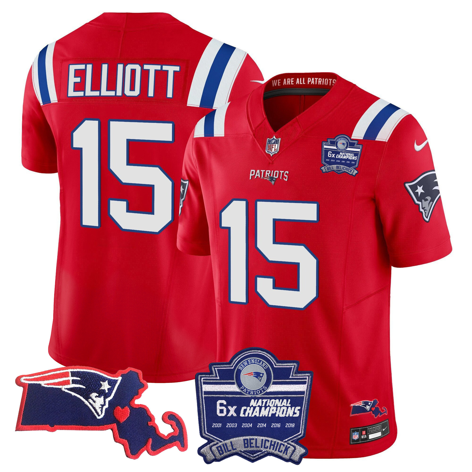 Ezekiel Elliott Men's New England Patriots Bill Belichick 6x Champions Patch Vapor Red Jersey - All Stitched