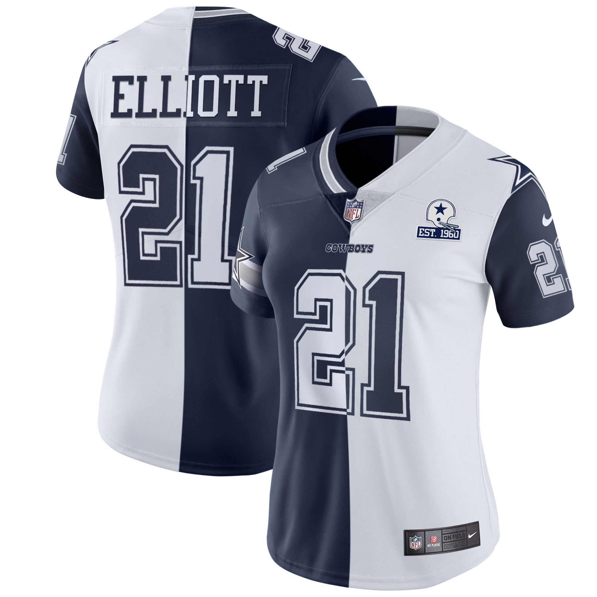 Ezekiel Elliott Women's Dallas Cowboys Split White Navy Est 1960 Patch - All Stitched Split Jersey - All Stitched