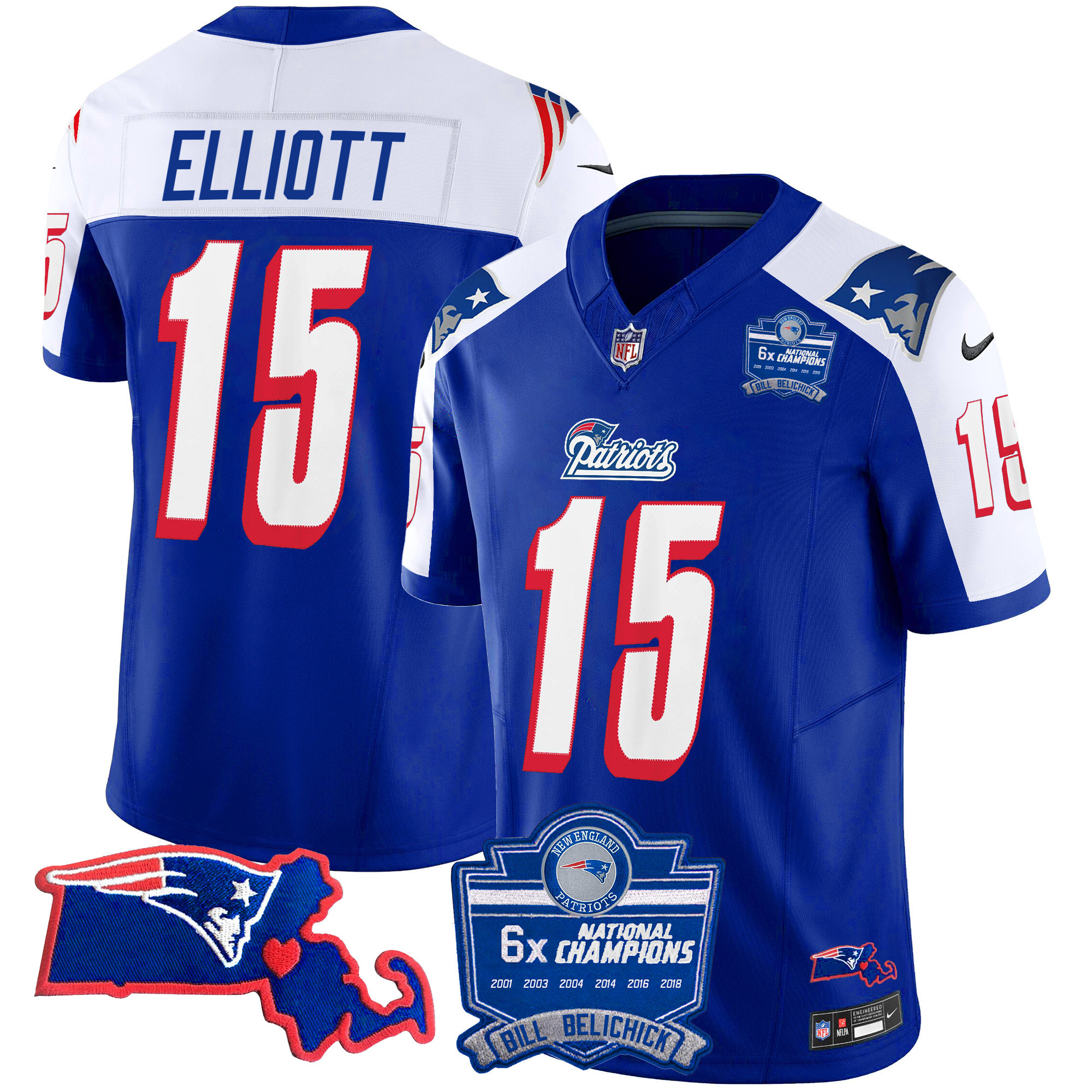 Ezekiel Elliott Women's New England Patriots Bill Belichick 6x Champions Patch Vapor 1996 Alternate Jersey - All Stitched
