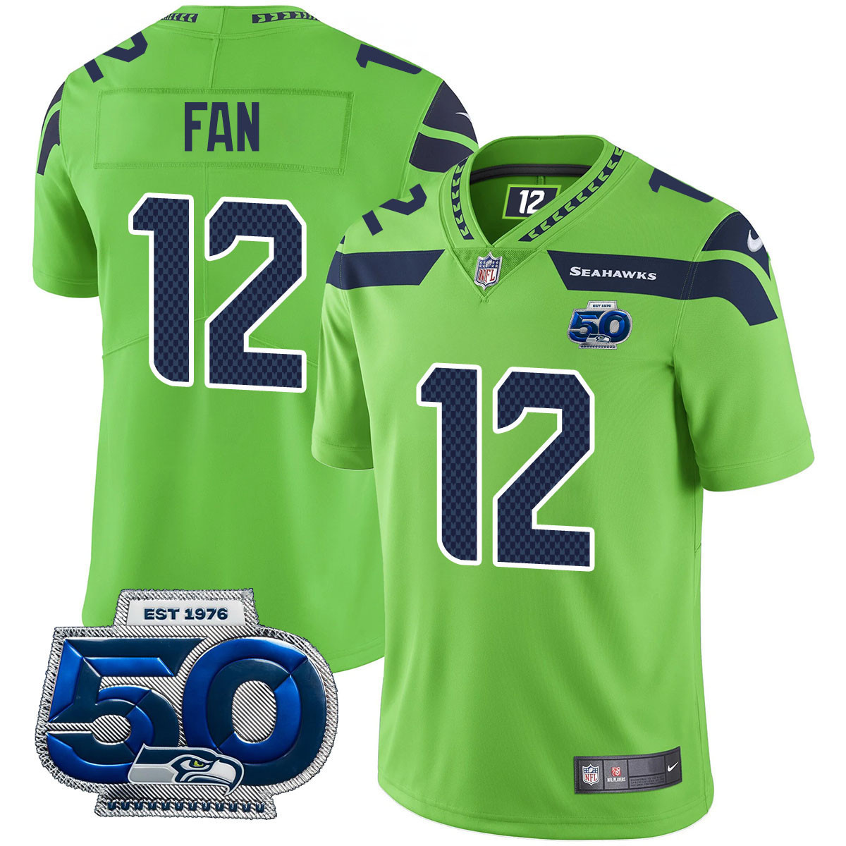 Fan - 12 Men's Seattle Seahawks 50th Season Vapor Limited Green Jersey - All Stitched