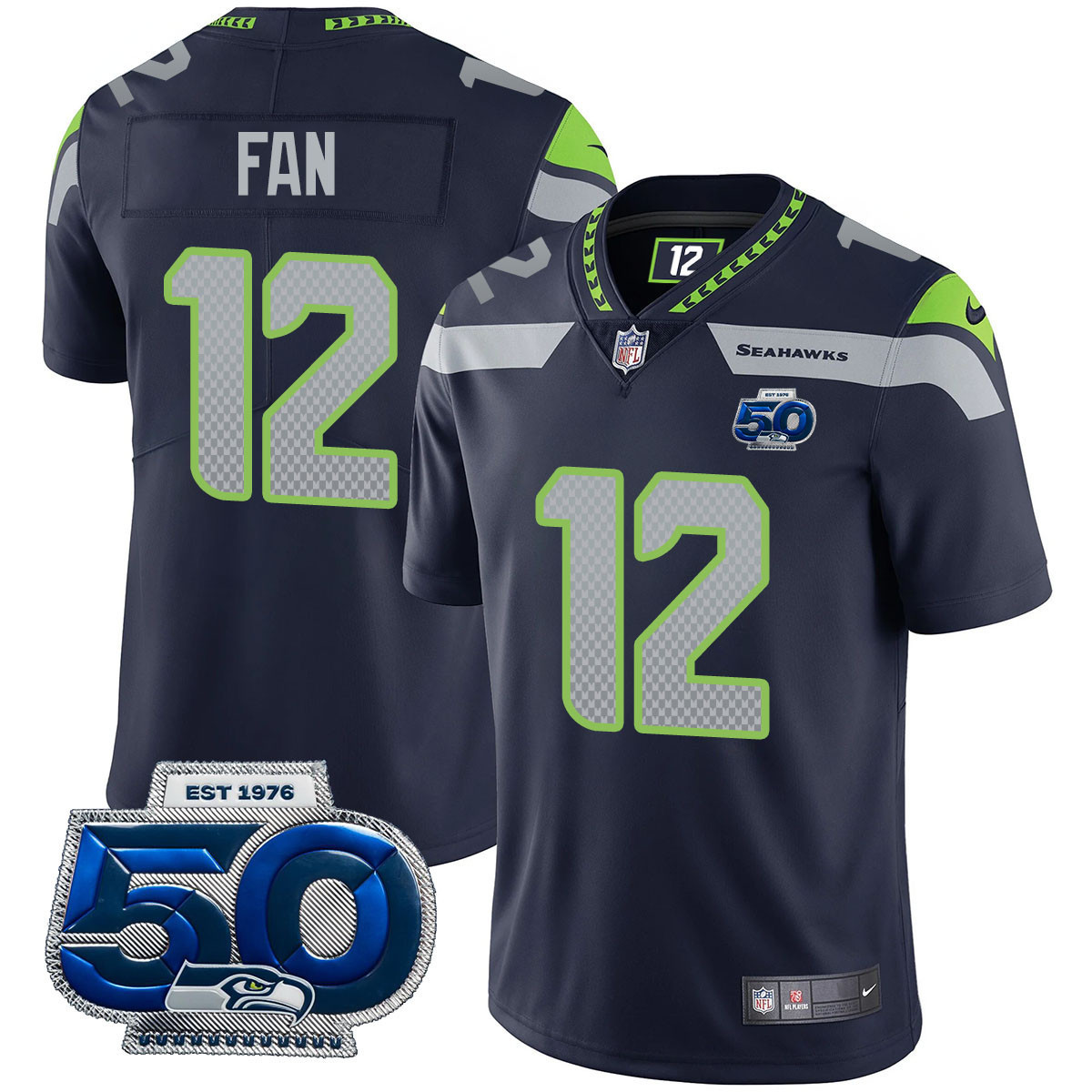 Fan - 12 Men's Seattle Seahawks 50th Season Vapor Limited Royal Jersey - All Stitched