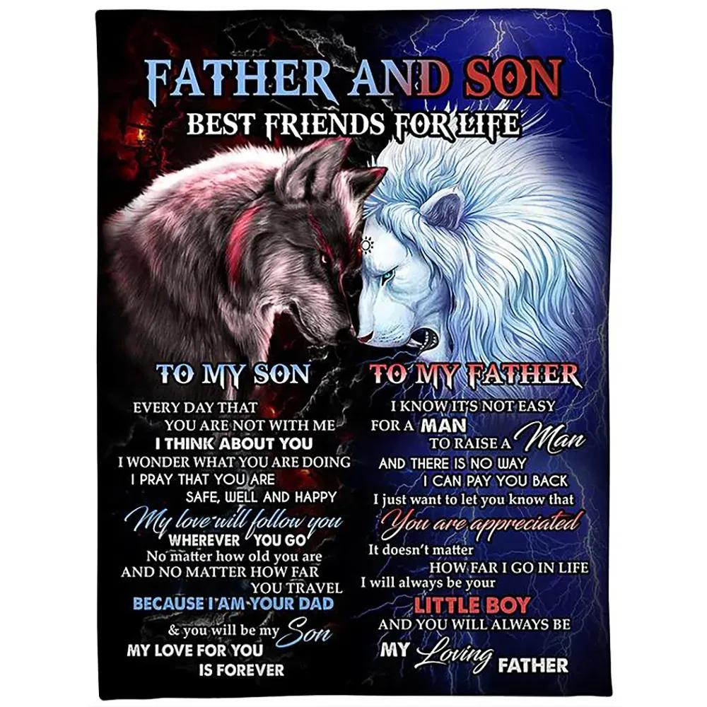 Father And Son Best Friends For Life Blanket, Lion And Wolf Fleece Quilt Blanket - TopBestClothing