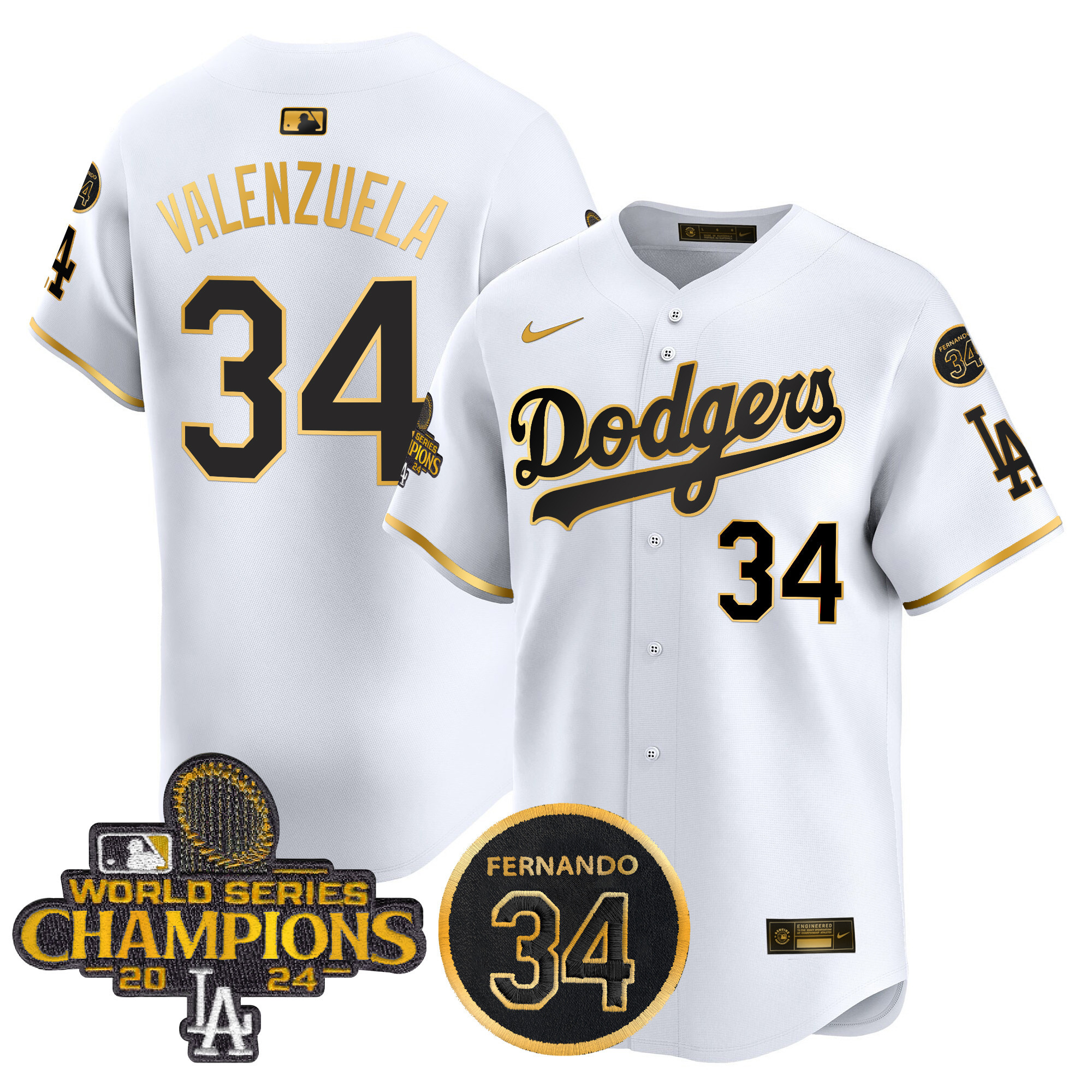 Fernando Valenzuela Men's Los Angeles Dodgers 2024 World Series Champions Gold Trim Vapor Premier Limited White Gold Jersey V2 - All Stitched