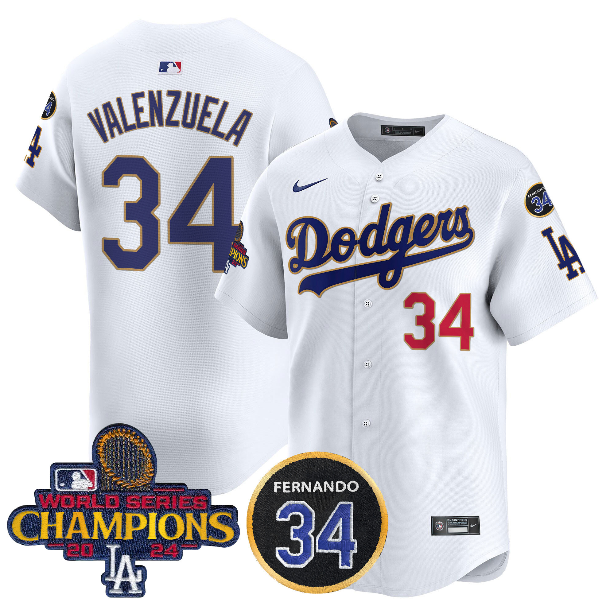 Fernando Valenzuela Men's Los Angeles Dodgers 2024 World Series Champions Gold Trim Vapor Premier Limited White Jersey V2 - All Stitched