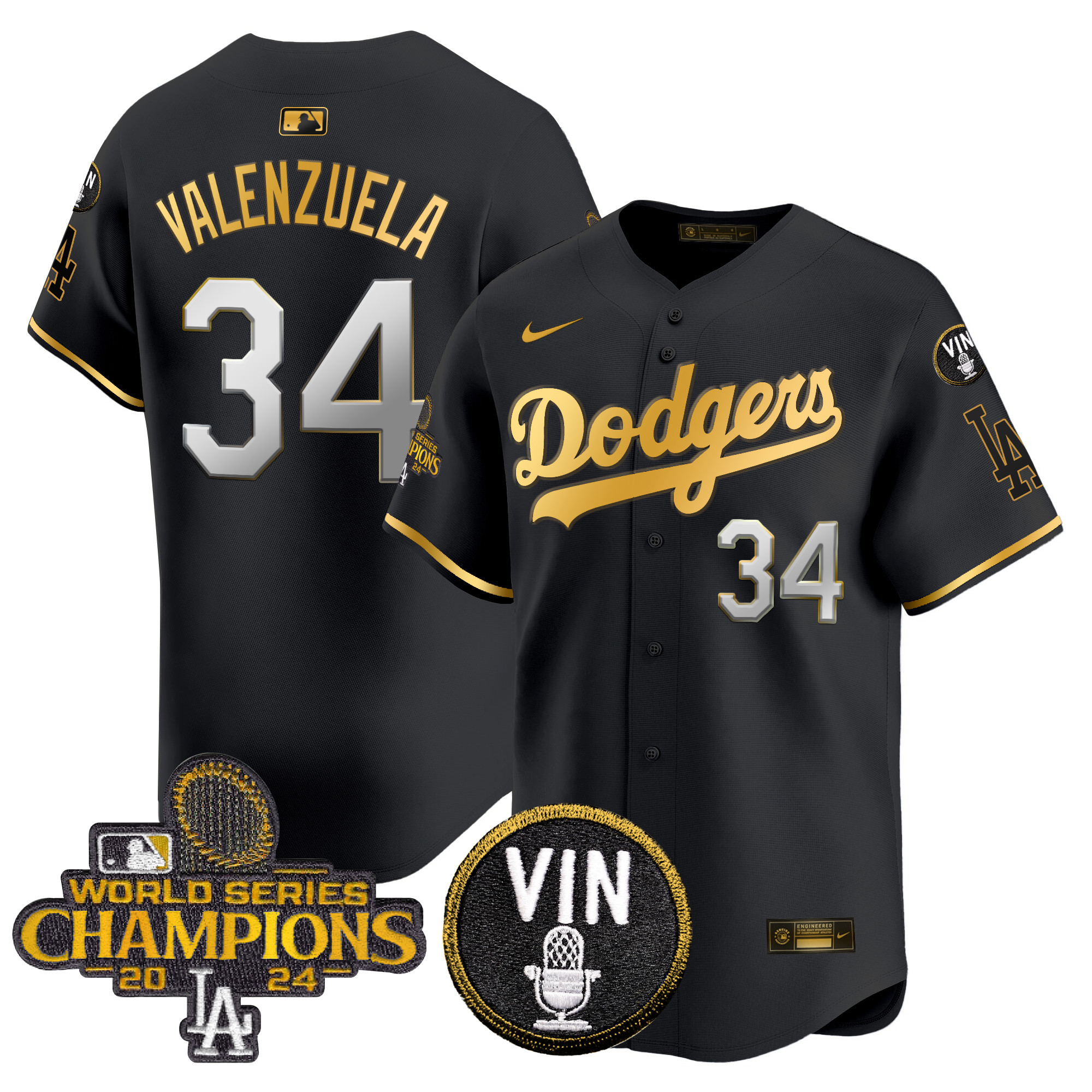 Fernando Valenzuela Men's Los Angeles Dodgers 2024 World Series Champions Patch Vapor Premier Limited Black Gold Jersey V3 - All Stitched