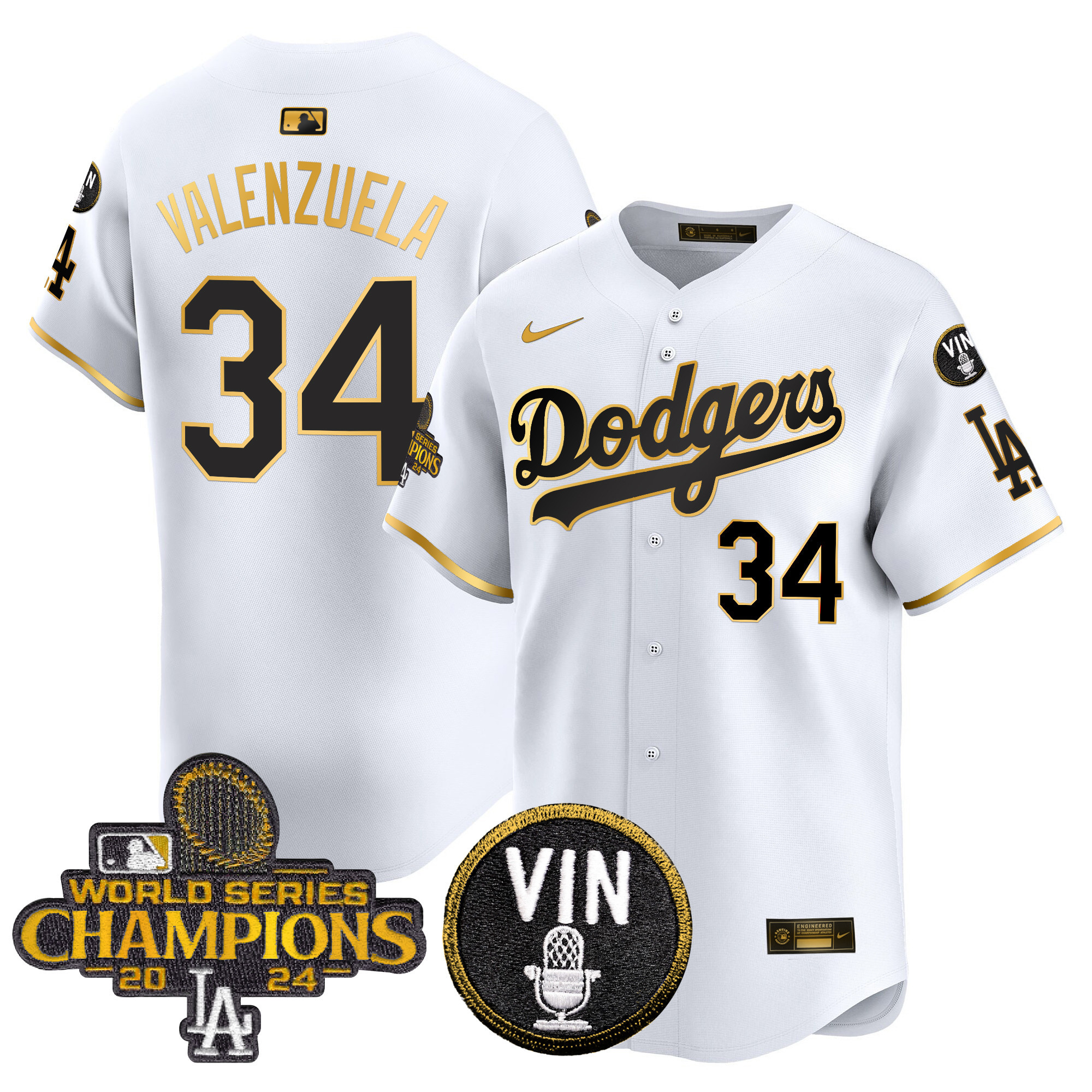Fernando Valenzuela Men's Los Angeles Dodgers 2024 World Series Champions Patch Vapor Premier Limited White Gold Jersey V3 - All Stitched