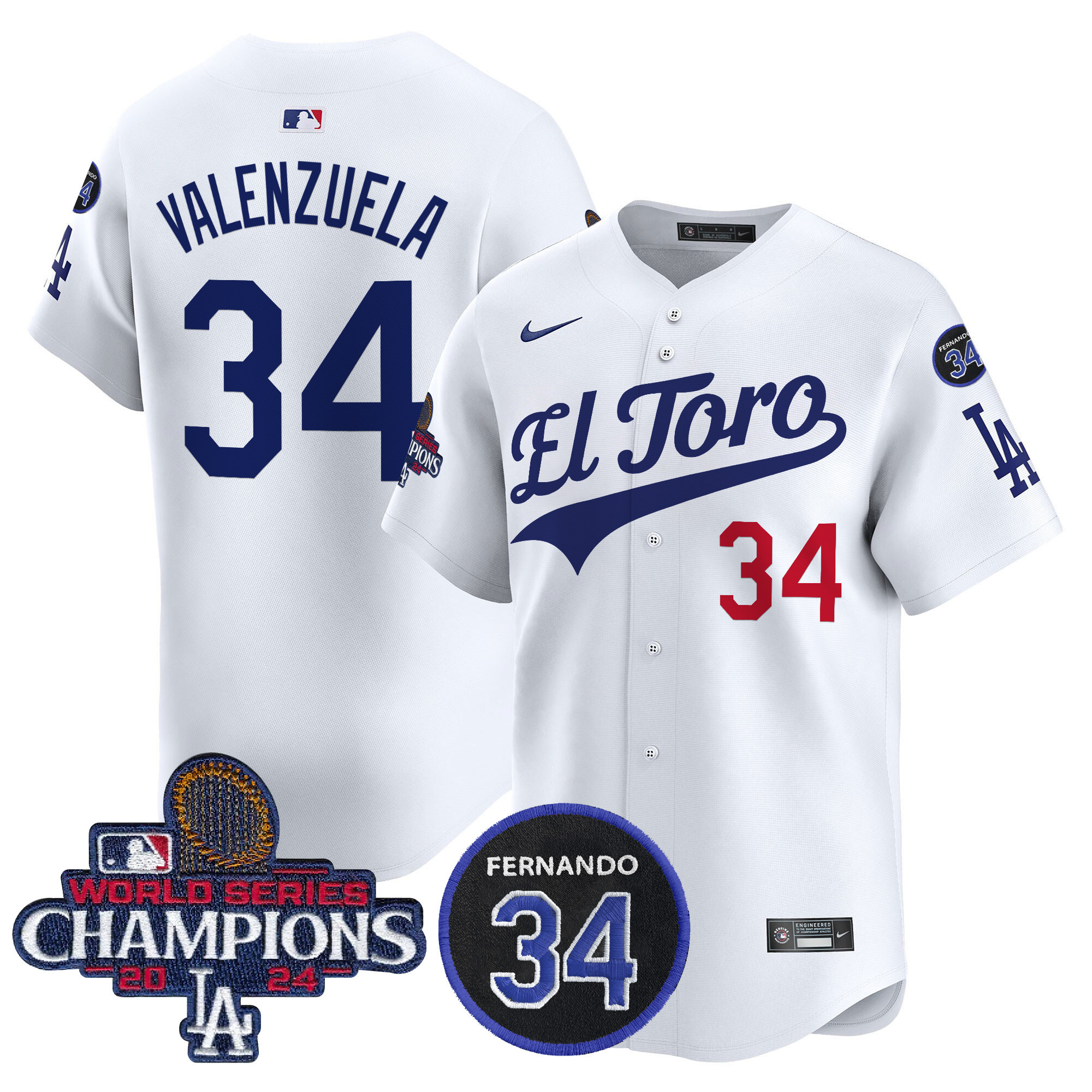 Fernando Valenzuela Men's Los Angeles Dodgers El Toro 2024 World Series Champions Patch Vapor Premier Limited White Jersey - All Stitched