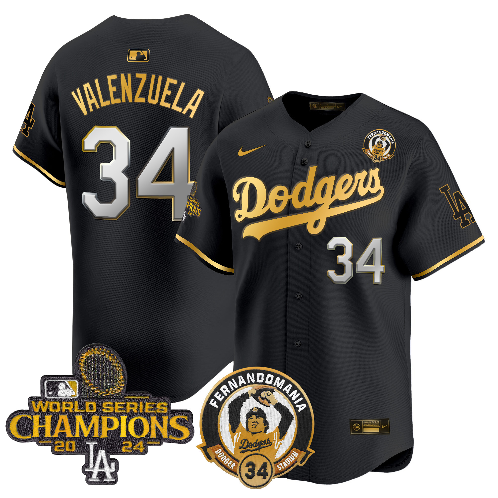 Fernando Valenzuela Men's Los Angeles Dodgers Fernando & 2024 World Series Champions Patch Vapor Premier Limited Black Gold Jersey - All Stitched