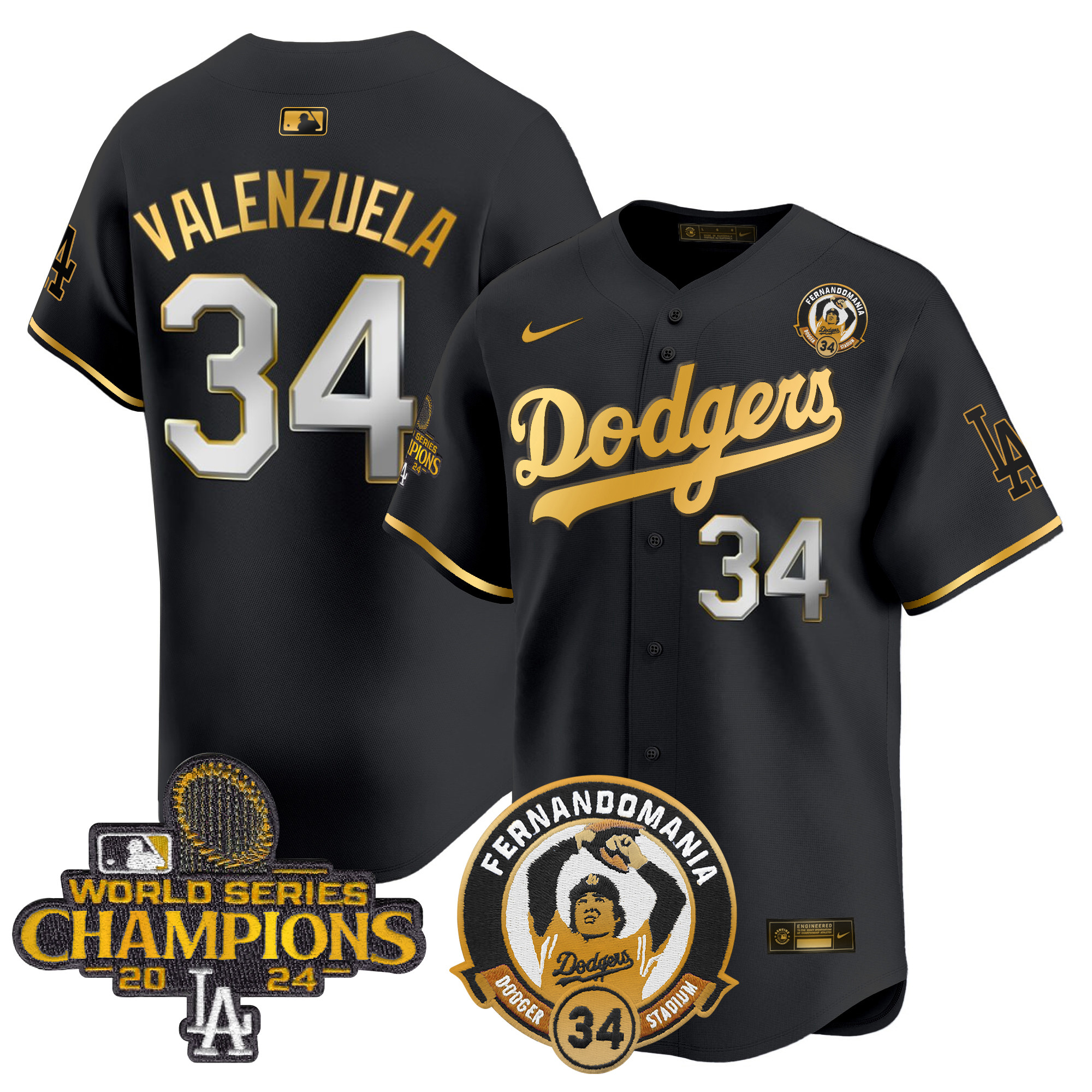 Fernando Valenzuela Men's Los Angeles Dodgers Fernando & 2024 World Series Champions Patch Vapor Premier Limited Black Gold Jersey V2 - All Stitched