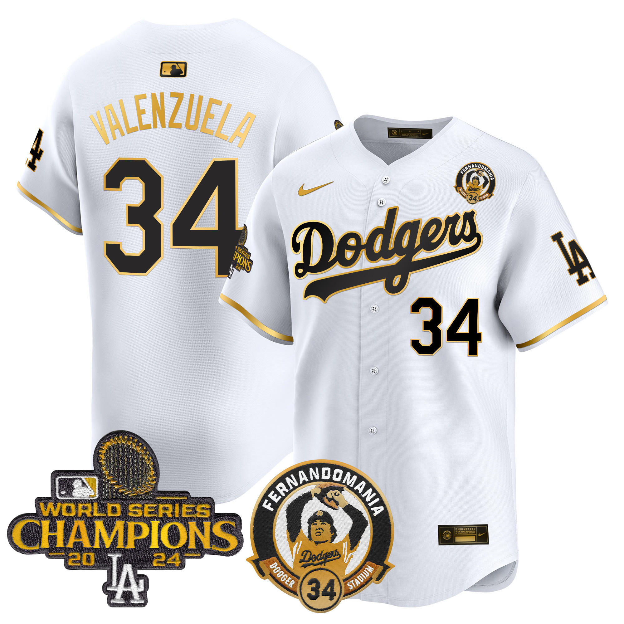 Fernando Valenzuela Men's Los Angeles Dodgers Fernando & 2024 World Series Champions Patch Vapor Premier Limited White Gold Jersey - All Stitched