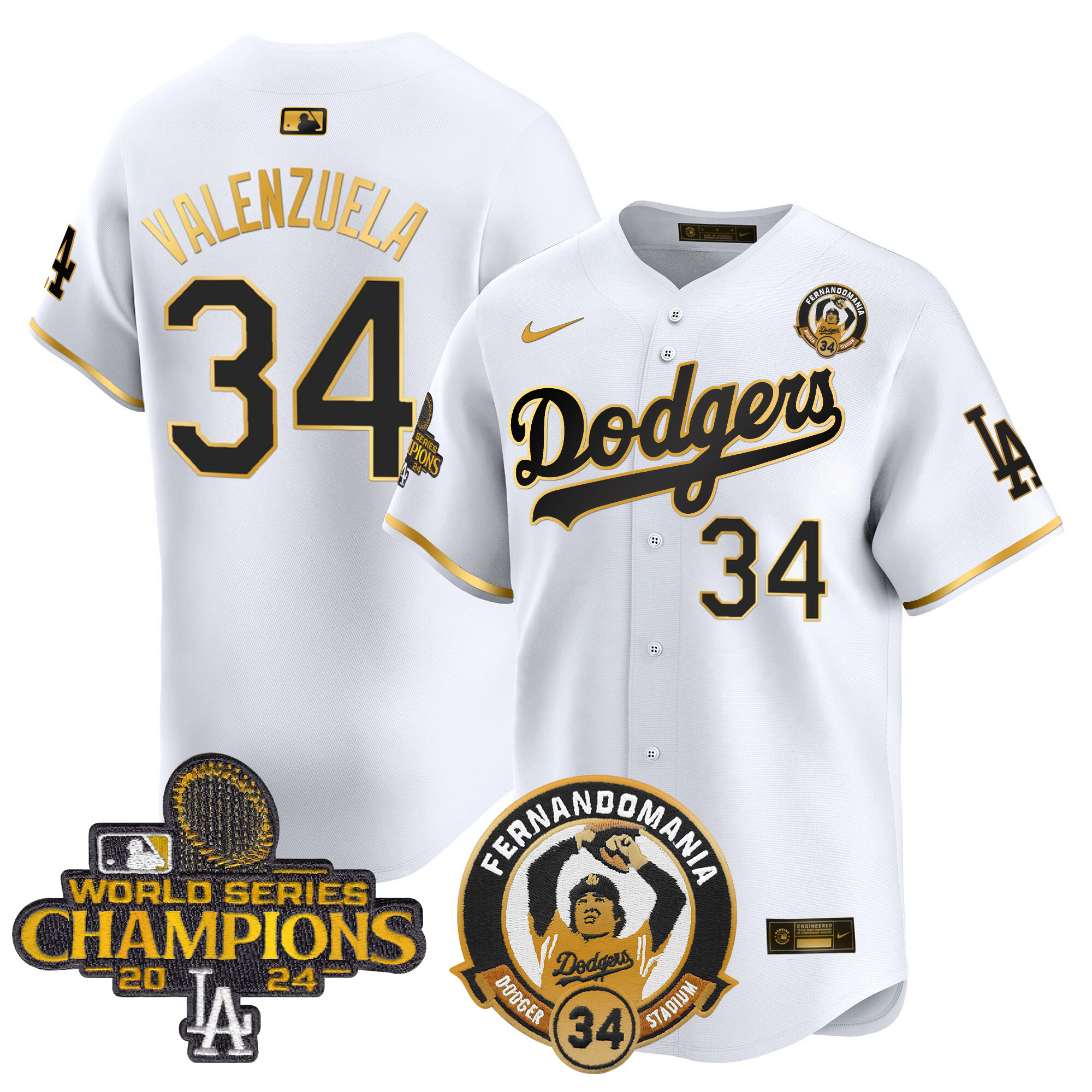 Fernando Valenzuela Men's Los Angeles Dodgers Fernando & 2024 World Series Champions Patch Vapor Premier Limited White Gold Jersey V2 - All Stitched