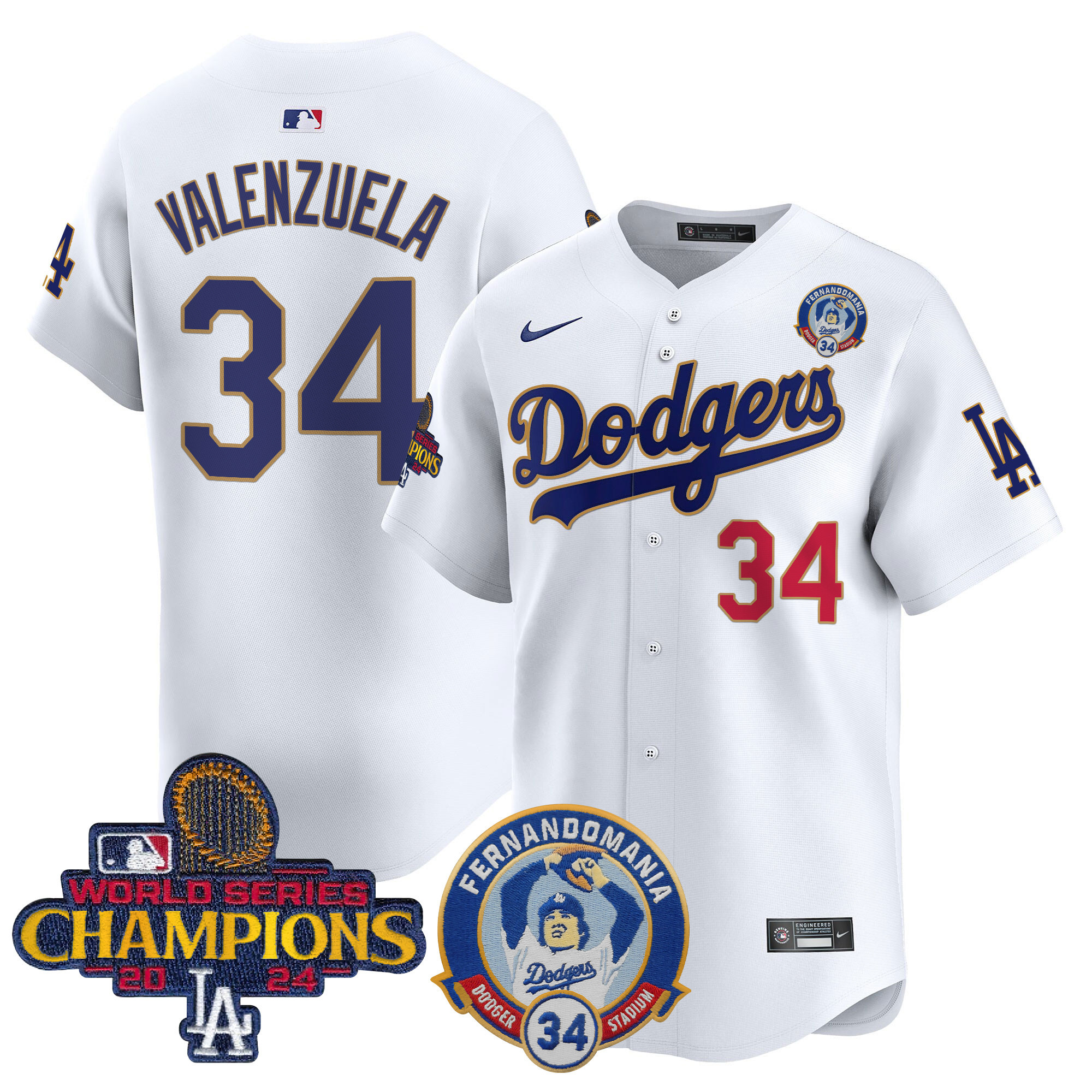 Fernando Valenzuela Men's Los Angeles Dodgers Fernando & 2024 World Series Champions Patch Vapor Premier Limited White Jersey - All Stitched