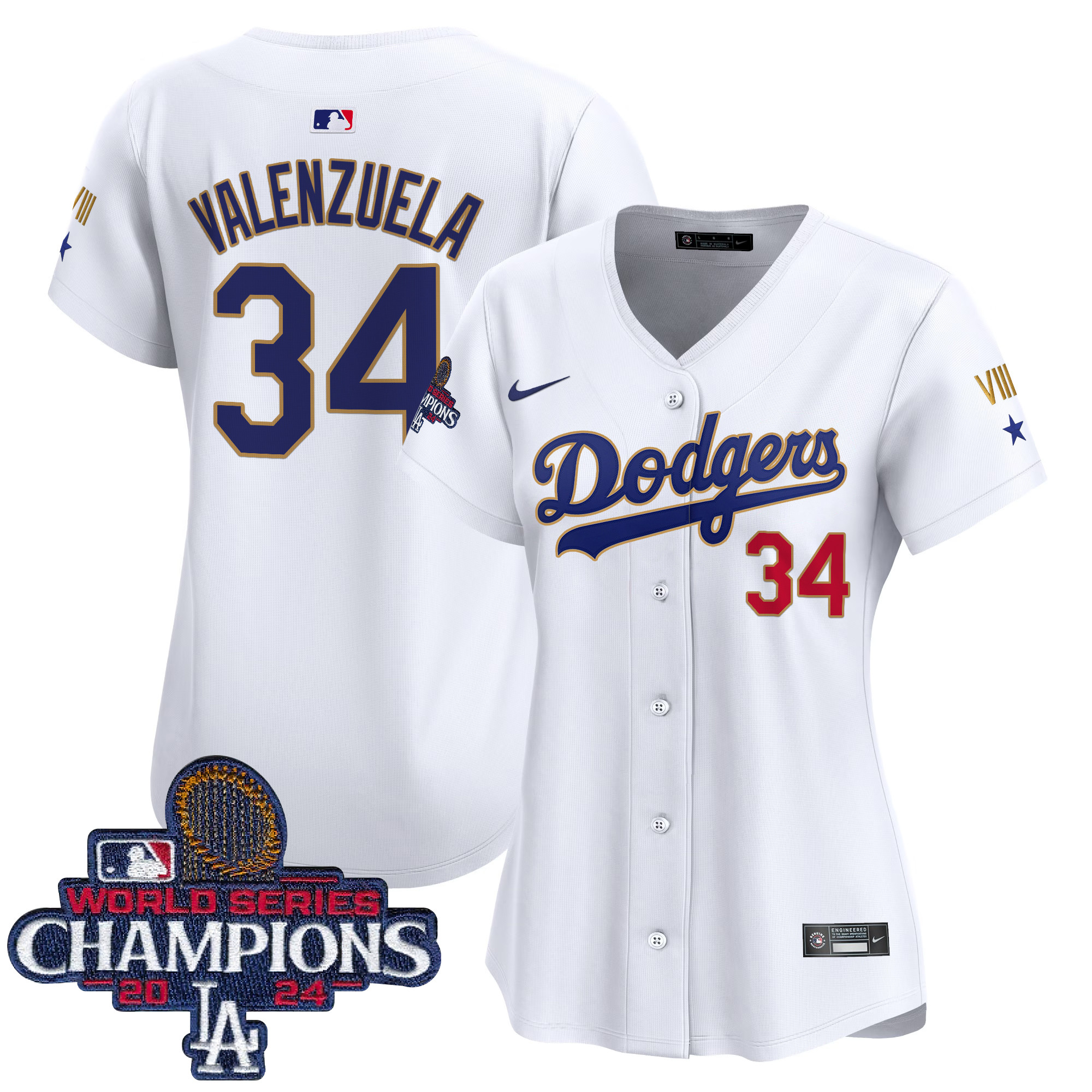 Fernando Valenzuela Women's Los Angeles Dodgers 2024 World Series Champions Gold Trim Vapor Premier Limited White Jersey - All Stitched