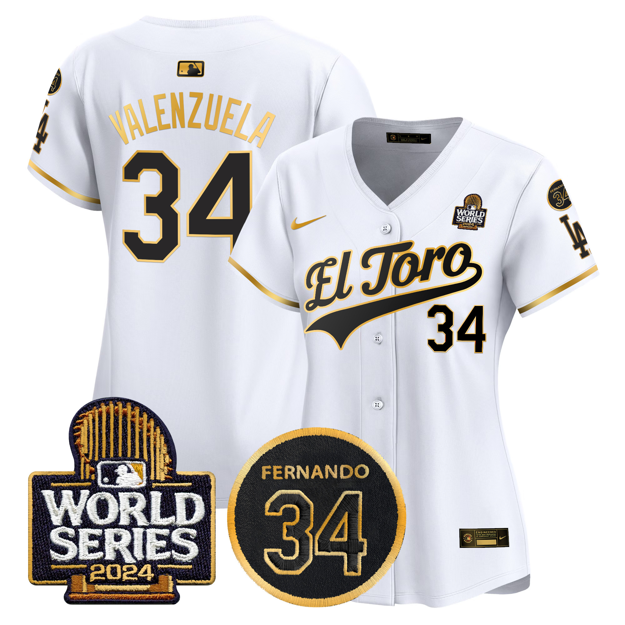 Fernando Valenzuela Women's Los Angeles Dodgers El Toro 2024 World Series Patch Vapor Premier Limited White Gold Jersey - All Stitched