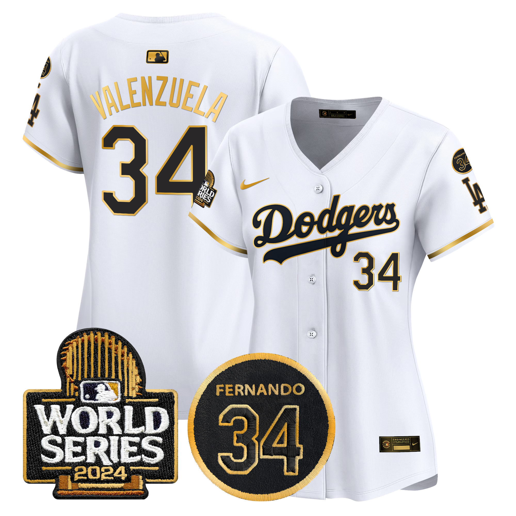 Fernando Valenzuela Women's Los Angeles Dodgers Fernando Memorial & 2024 World Series Patch Vapor Premier Limited White Gold Jersey - All Stitched