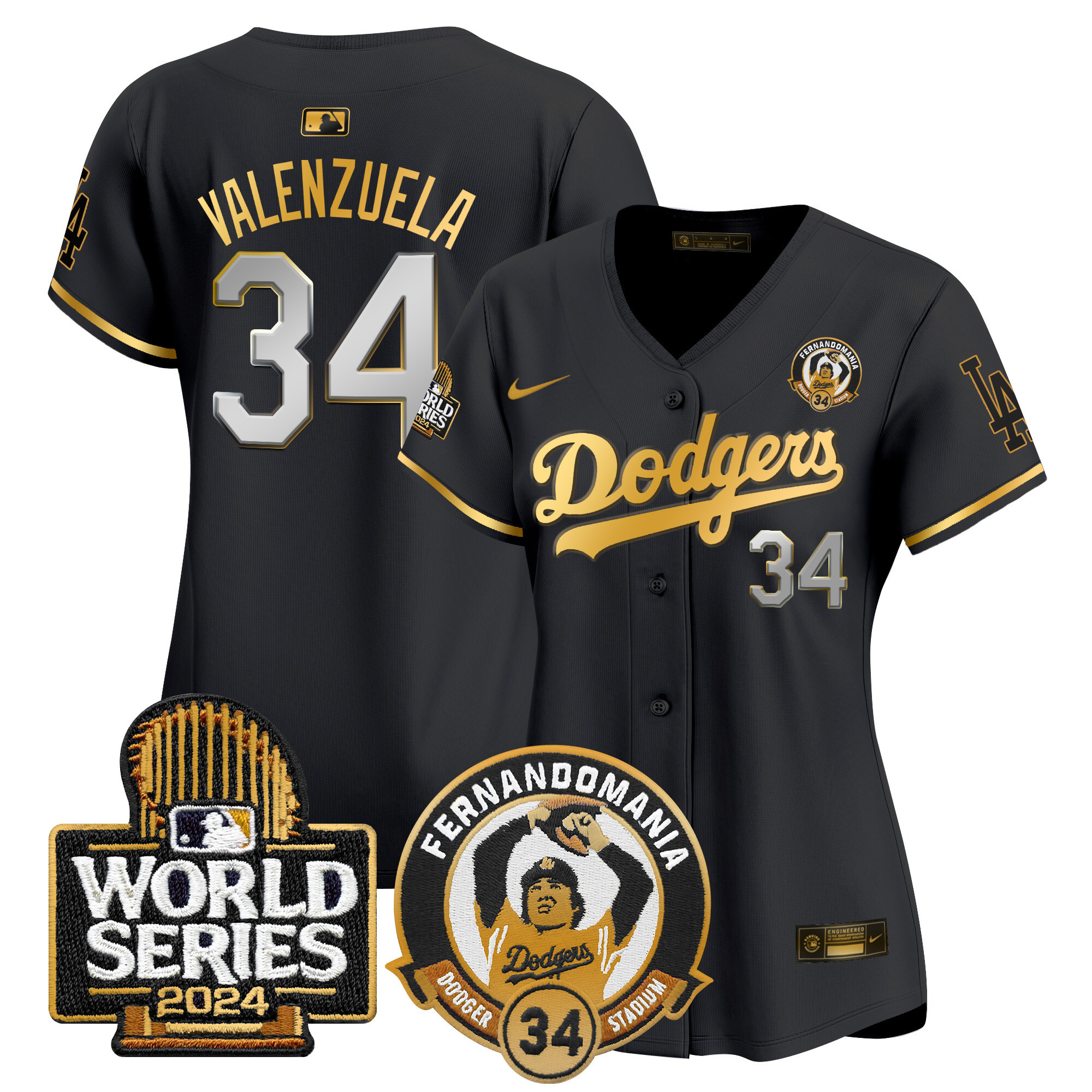 Fernando Valenzuela Women's Los Angeles Dodgers Fernando Valenzuela & 2024 World Series Patch Vapor Premier Limited Black Gold Jersey - All Stitched