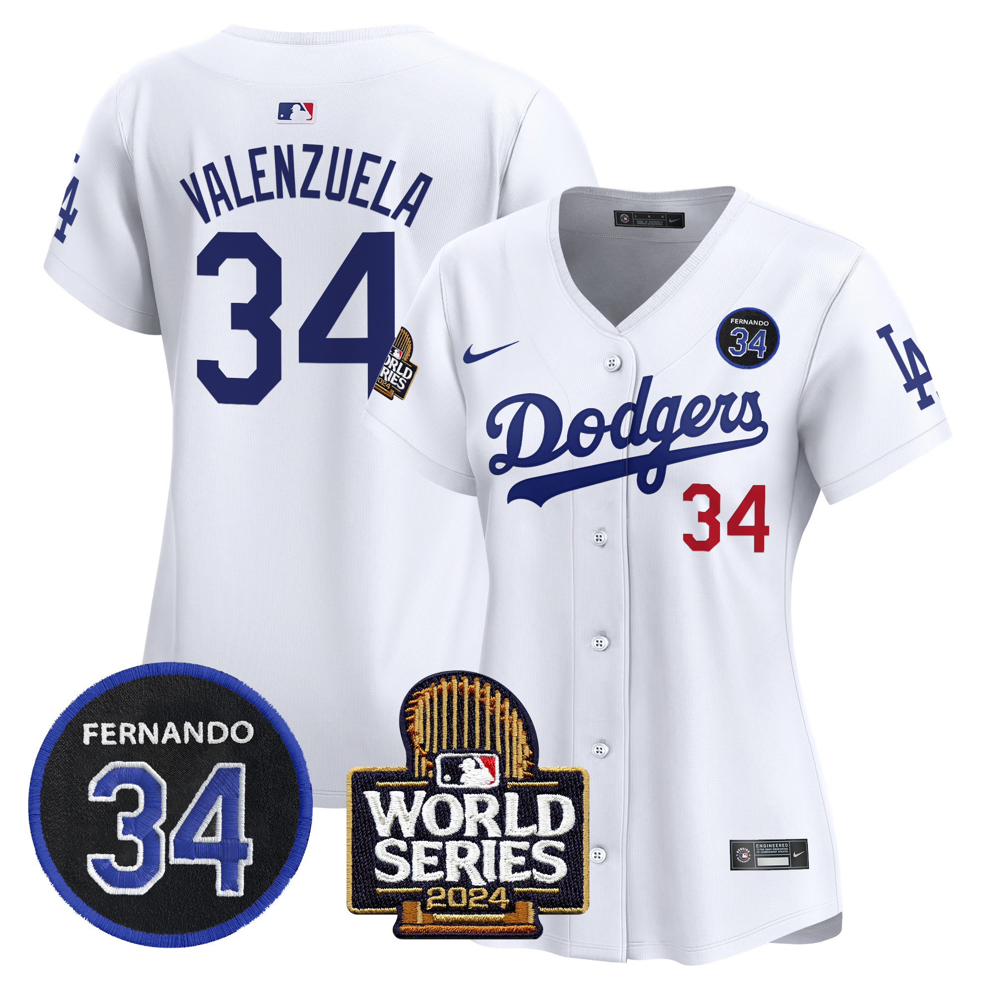 Fernando Valenzuela Women's Los Angeles Dodgers Fernando Valenzuela & 2024 World Series Patch Vapor Premier Limited White Jersey V2 - All Stitched