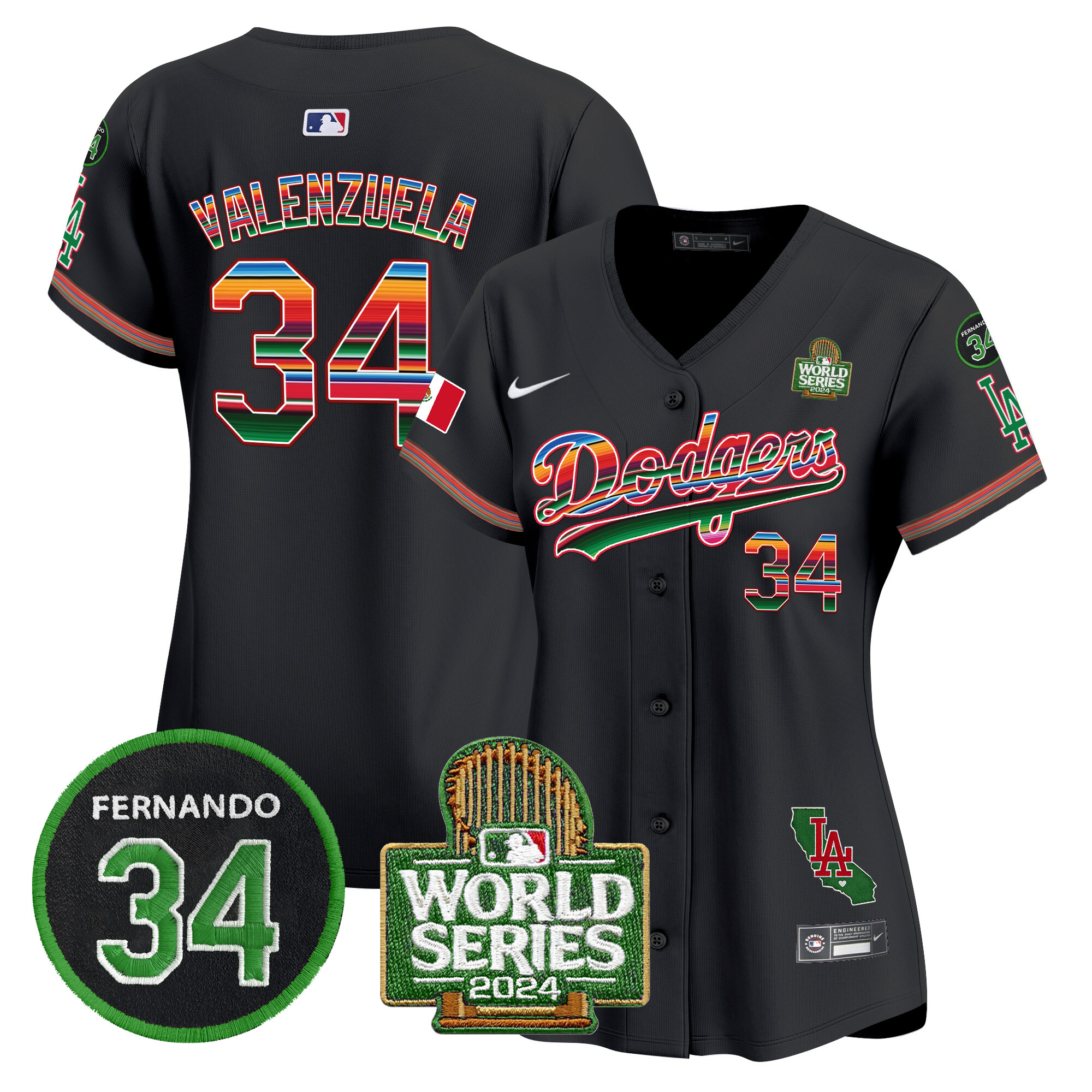 Fernando Valenzuela Women's Los Angeles Dodgers Mexico Fernando Memorial & 2024 World Series Patch Vapor Premier Limited Black Jersey V2 - All Stitched