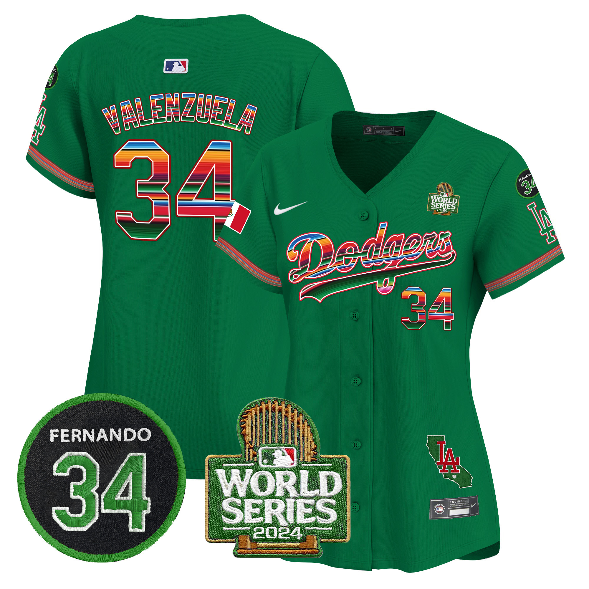 Fernando Valenzuela Women's Los Angeles Dodgers Mexico Fernando Memorial & 2024 World Series Patch Vapor Premier Limited Green Jersey V2 - All Stitched