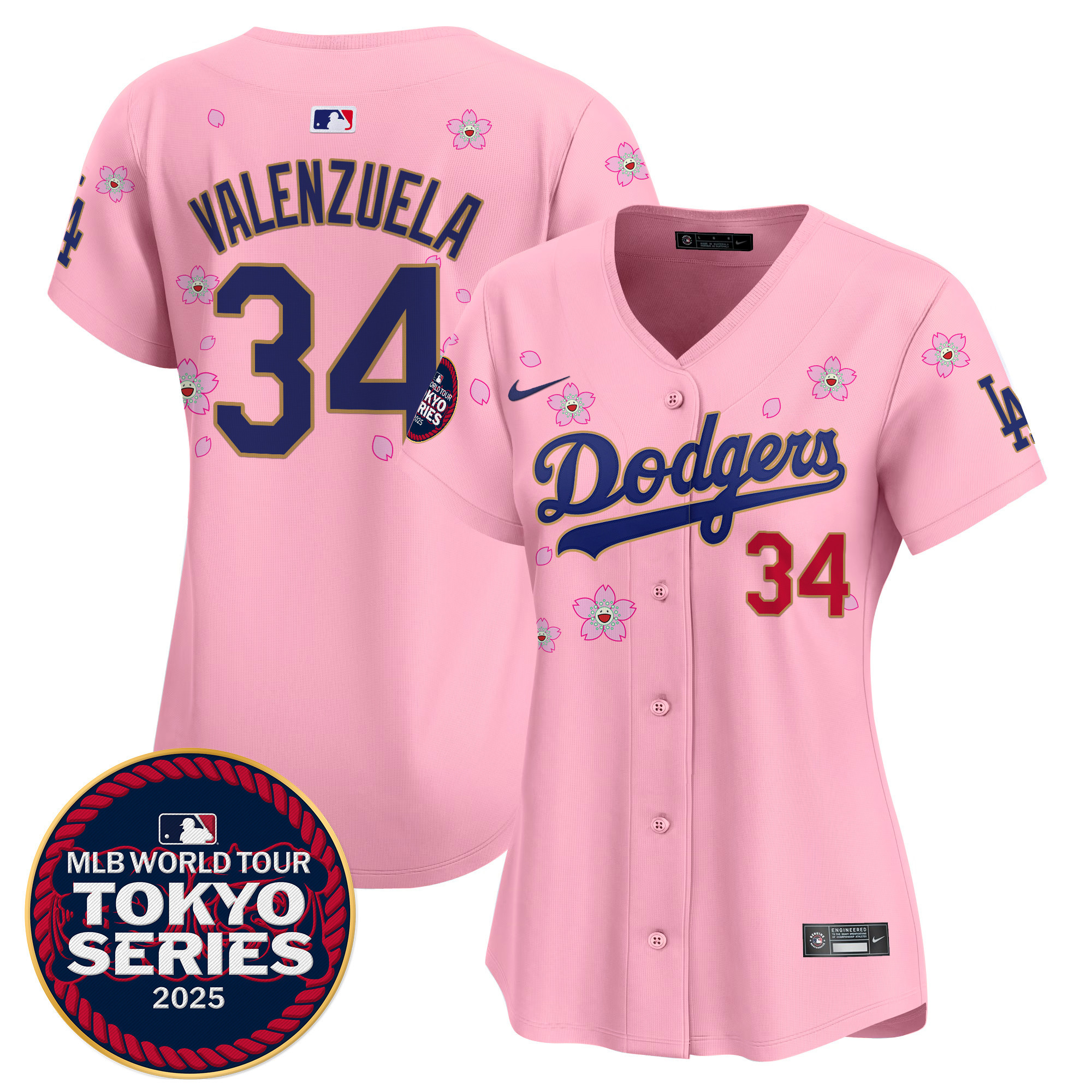 Fernando Valenzuela Women's Los Angeles Dodgers Tokyo Series 2025 Gold Trim Vapor Premier Limited Cherry Blossom Jersey - Stitched