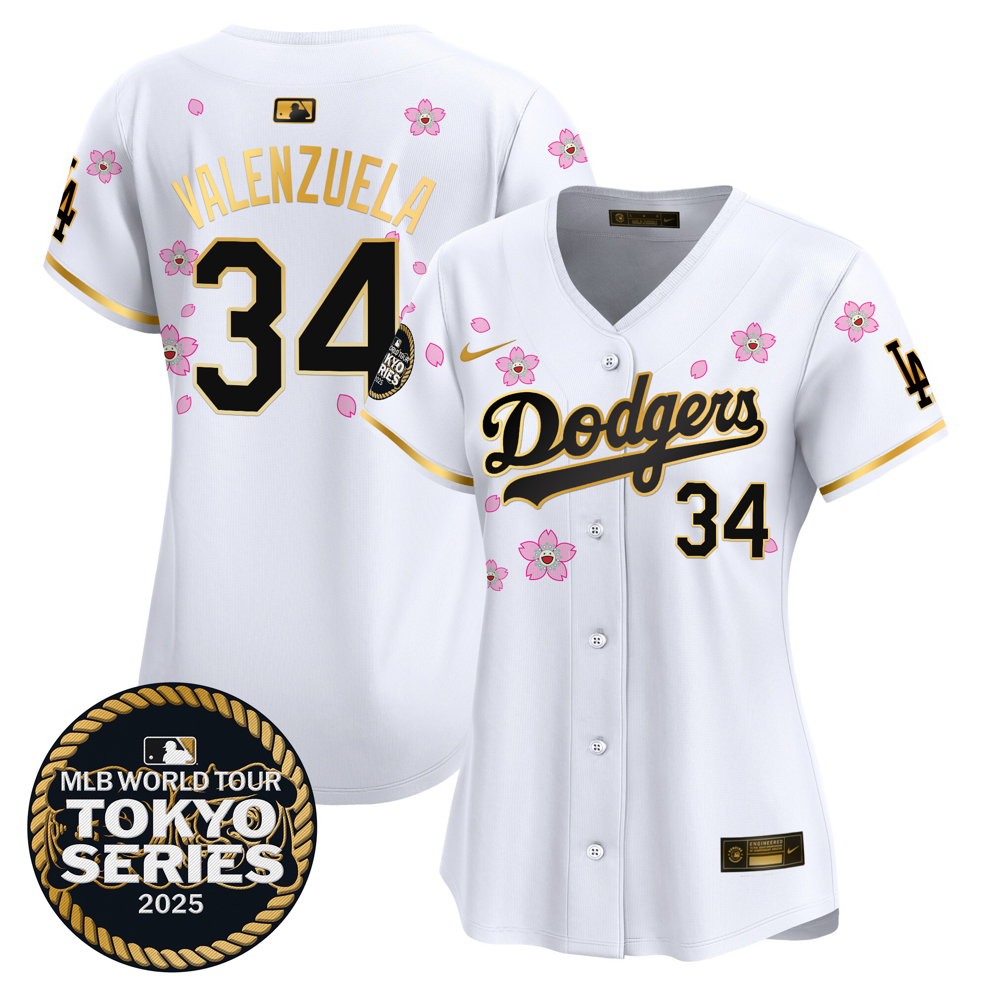 Fernando Valenzuela Women's Los Angeles Dodgers Tokyo Series 2025 Gold Trim Vapor Premier Limited White Gold Jersey V2 - Stitched