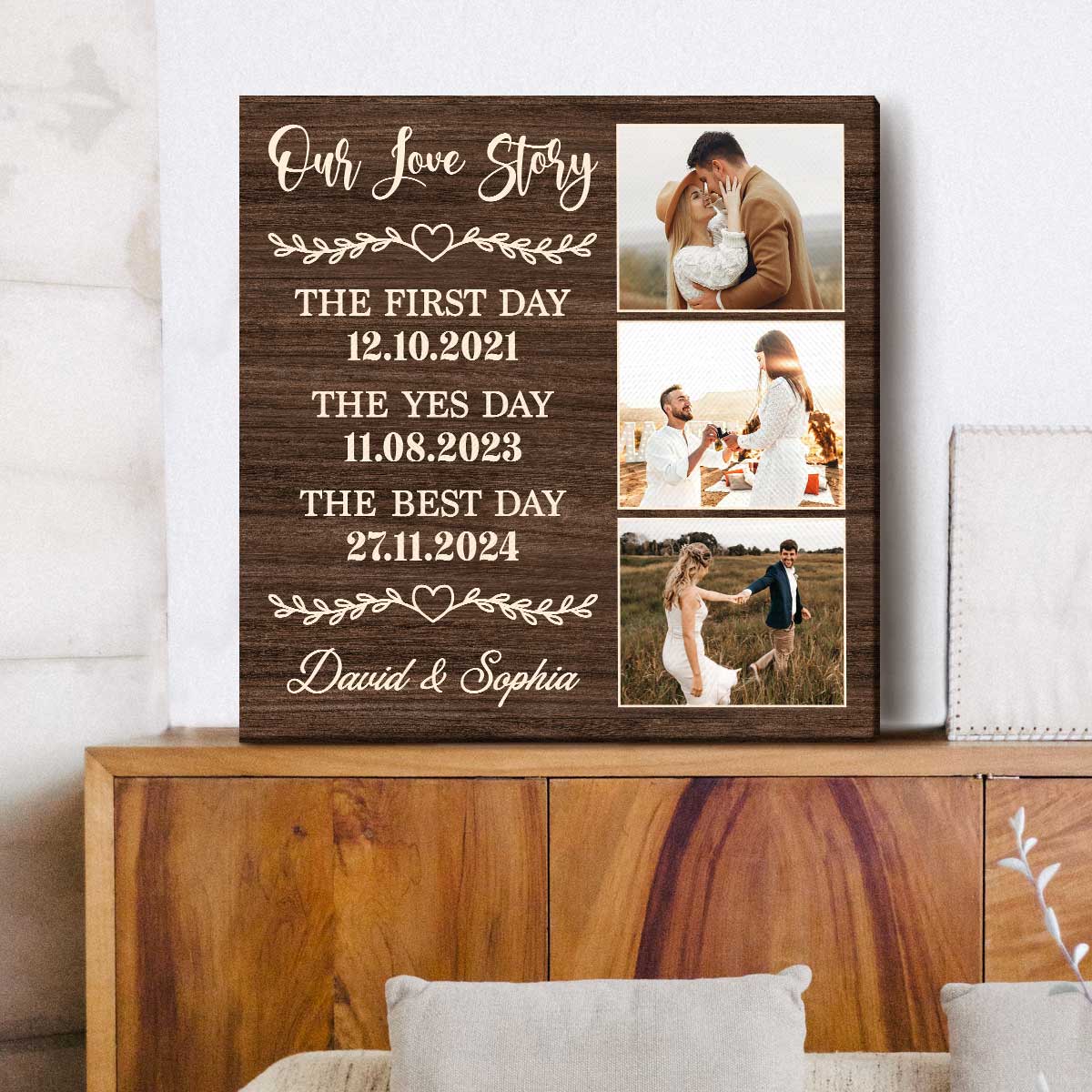 First Day Yes Day Best Day Square Canvas, Wife Valentines Day Gift, Gifts For Bridal Shower, Love Timeline Anniversary Gift, Personalized Couple Gift