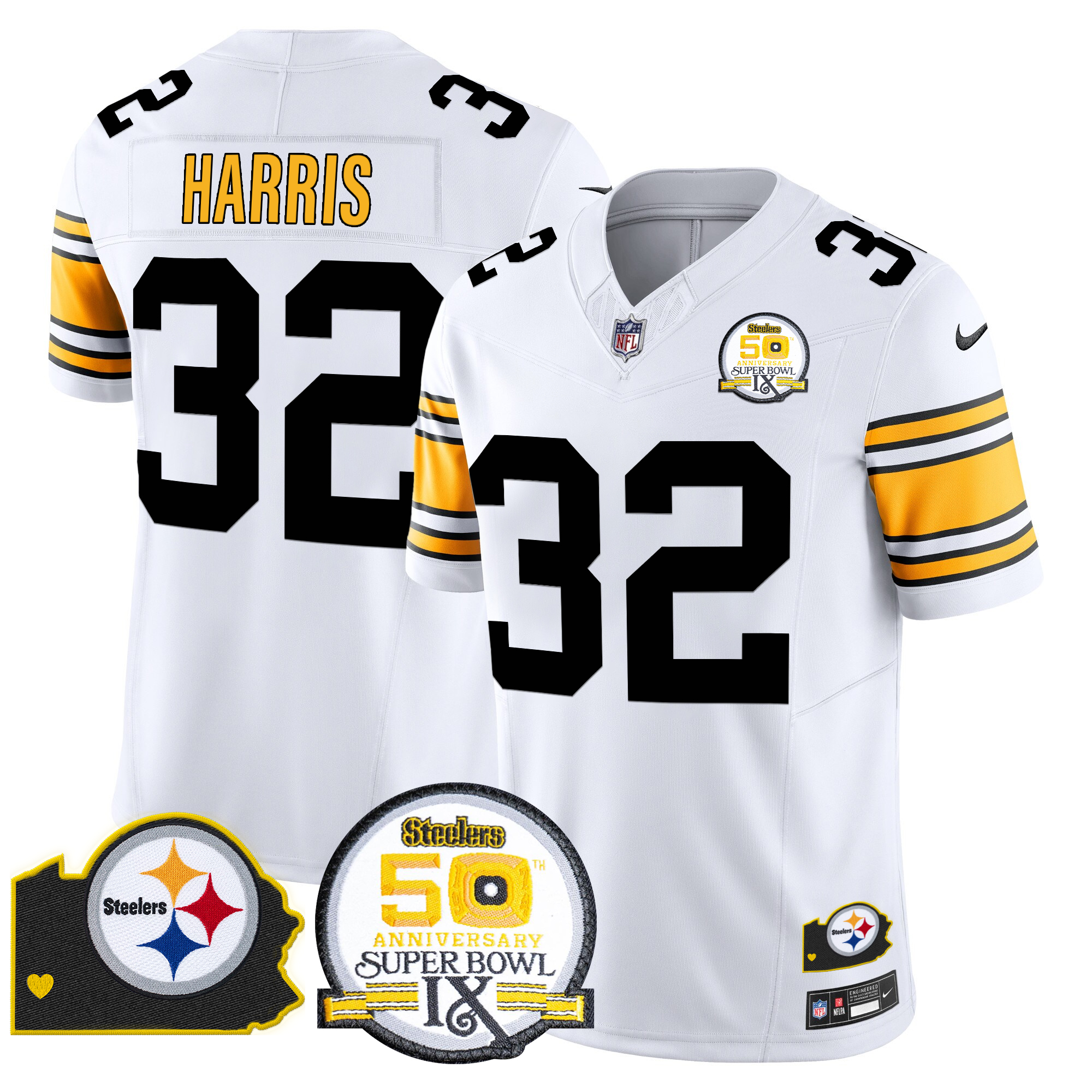 Franco Harris Men's Pittsburgh Steelers 50th Anniversary Of Super Bowl IX & Map Patch Vapor Limited 1975 White Jersey - All Stitched