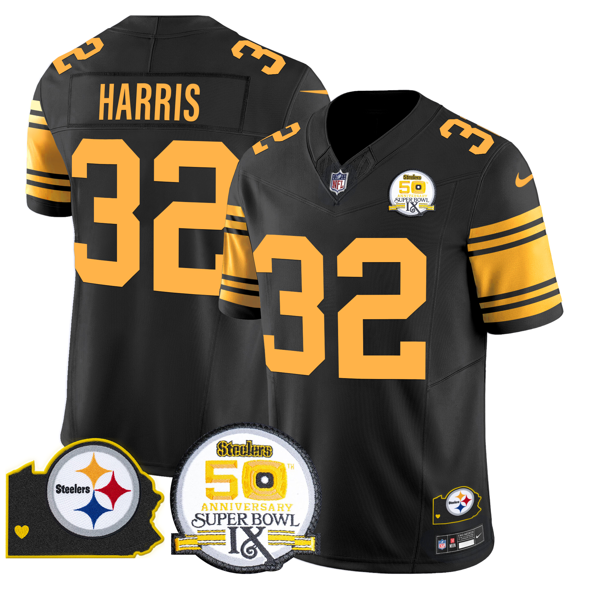 Franco Harris Men's Pittsburgh Steelers 50th Anniversary Of Super Bowl IX & Map Patch Vapor Limited Color Rush Jersey - All Stitched