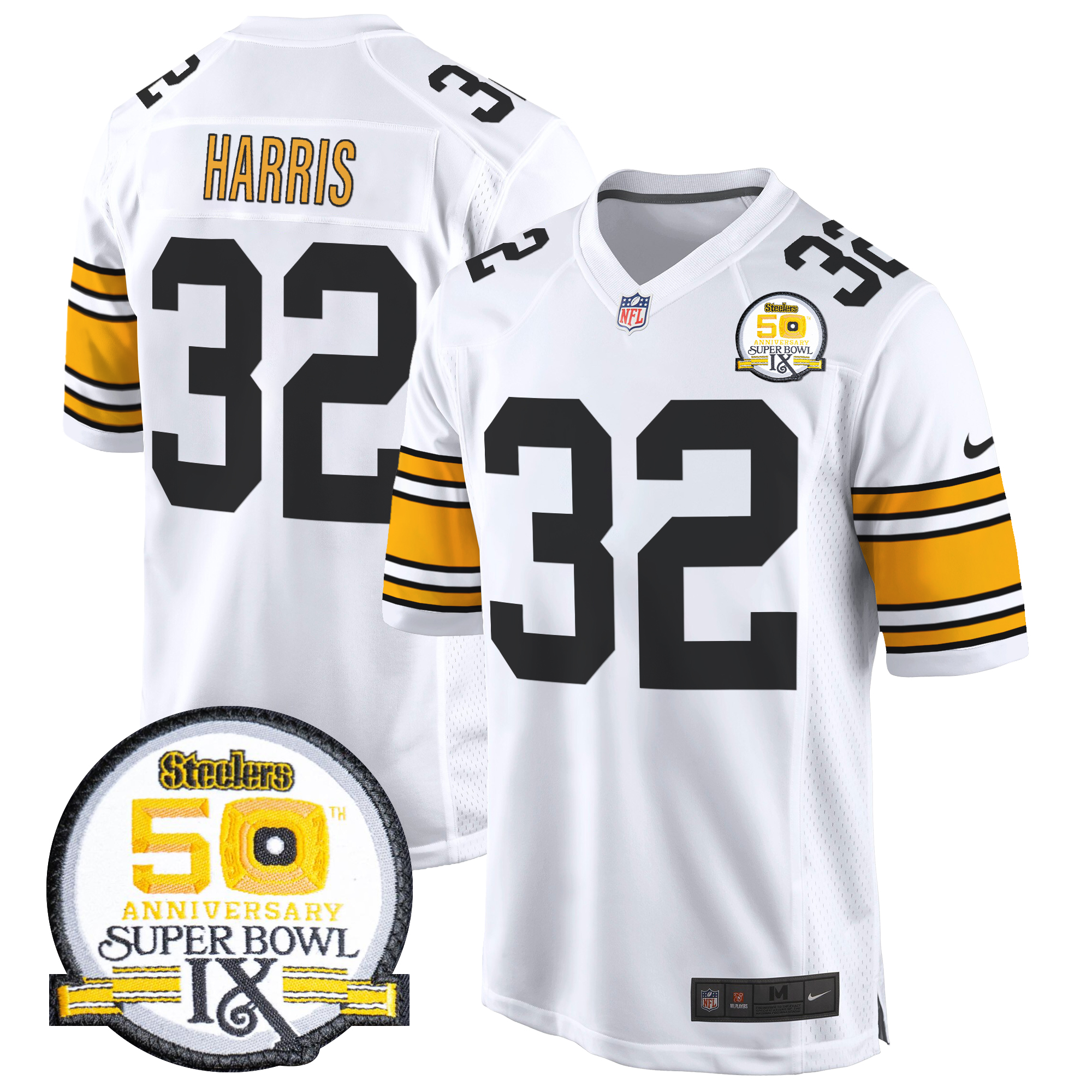 Franco Harris Men's Pittsburgh Steelers 50th Anniversary Of Super Bowl IX Patch Game 1975 White Jersey - All Stitched