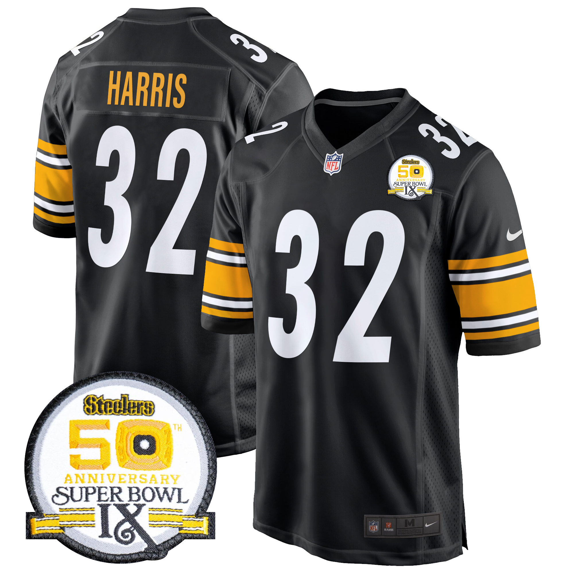 Franco Harris Men's Pittsburgh Steelers 50th Anniversary Of Super Bowl IX Patch Game Black Jersey - All Stitched