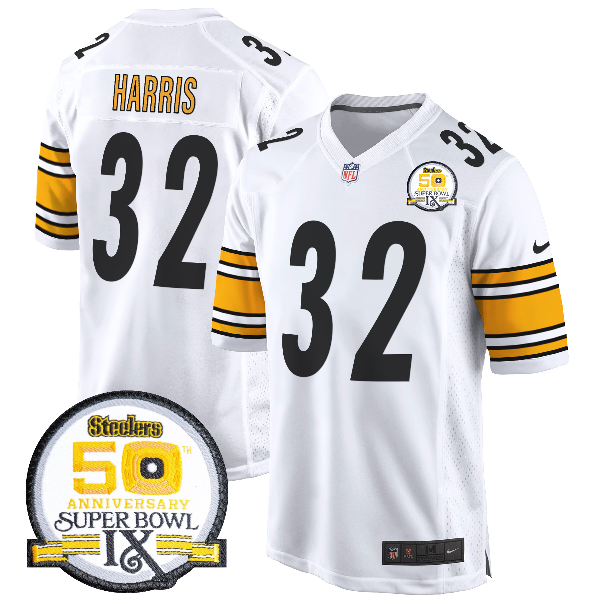 Franco Harris Men's Pittsburgh Steelers 50th Anniversary Of Super Bowl IX Patch Game White Jersey - All Stitched