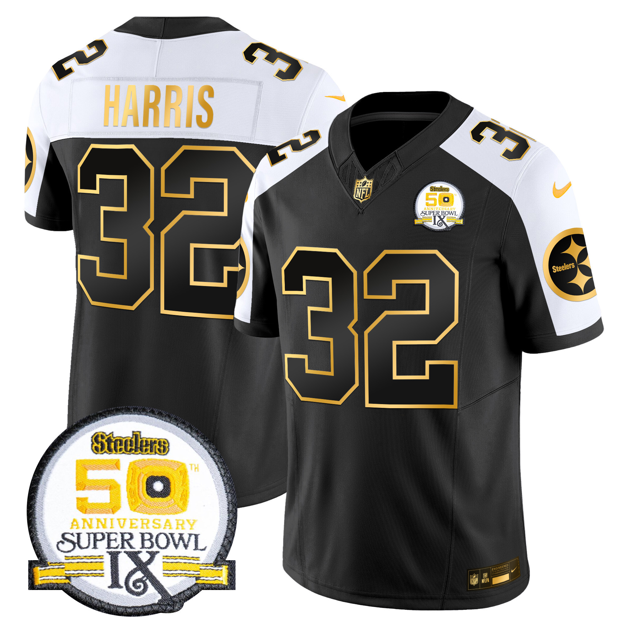 Franco Harris Men's Pittsburgh Steelers 50th Anniversary of Super Bowl IX Patch Gold Vapor Limited Alternate Jersey - All Stitched