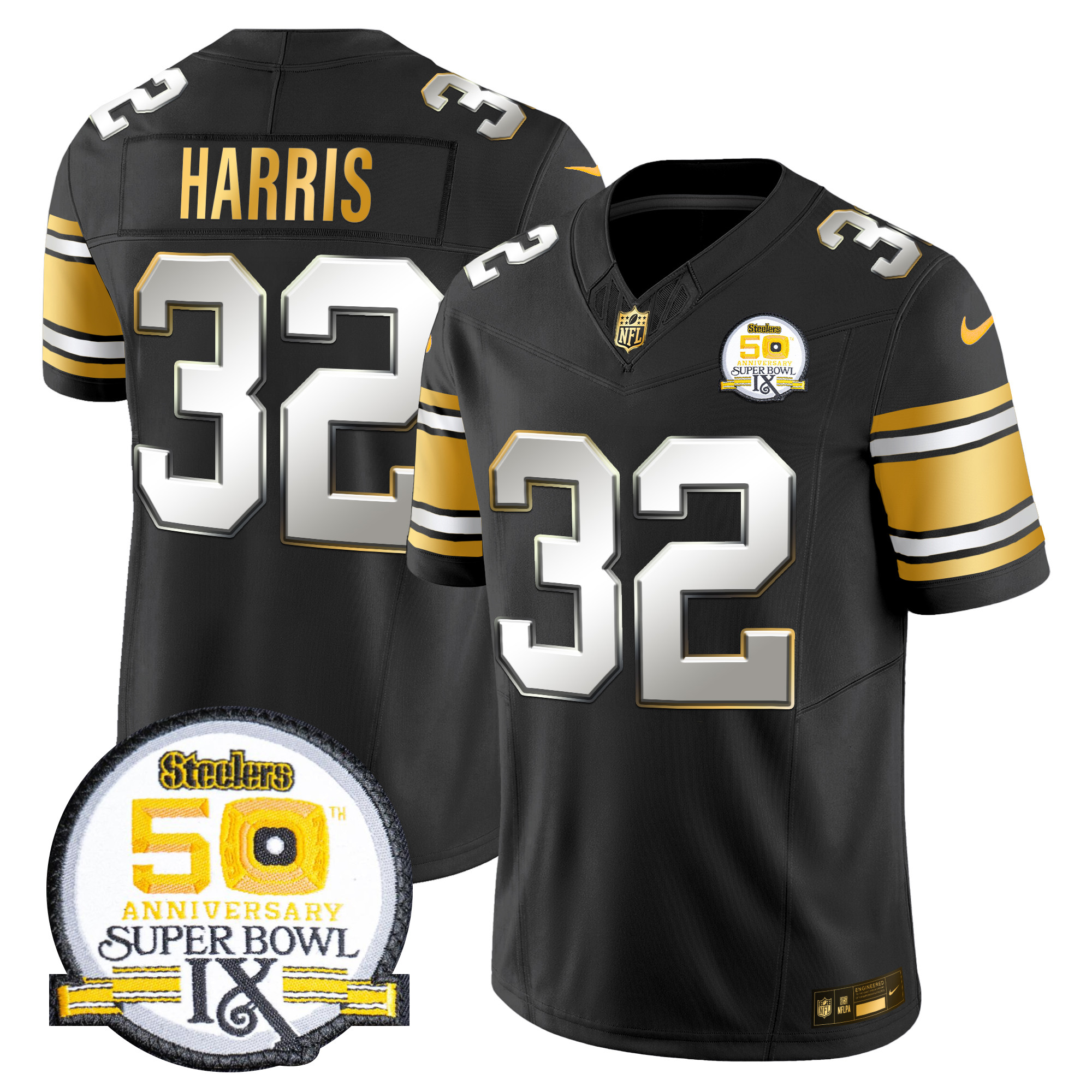 Franco Harris Men's Pittsburgh Steelers 50th Anniversary of Super Bowl IX Patch Gold Vapor Limited Black Limited Jersey - All Stitched