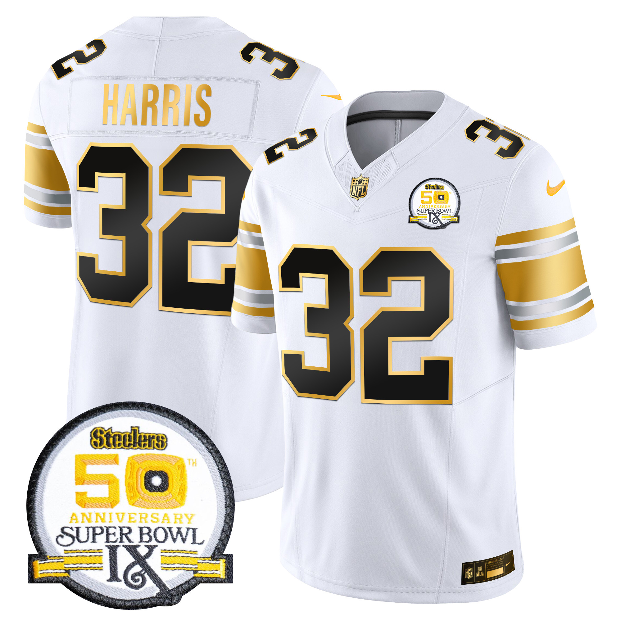 Franco Harris Men's Pittsburgh Steelers 50th Anniversary of Super Bowl IX Patch Gold Vapor Limited White Gold Jersey - All Stitched