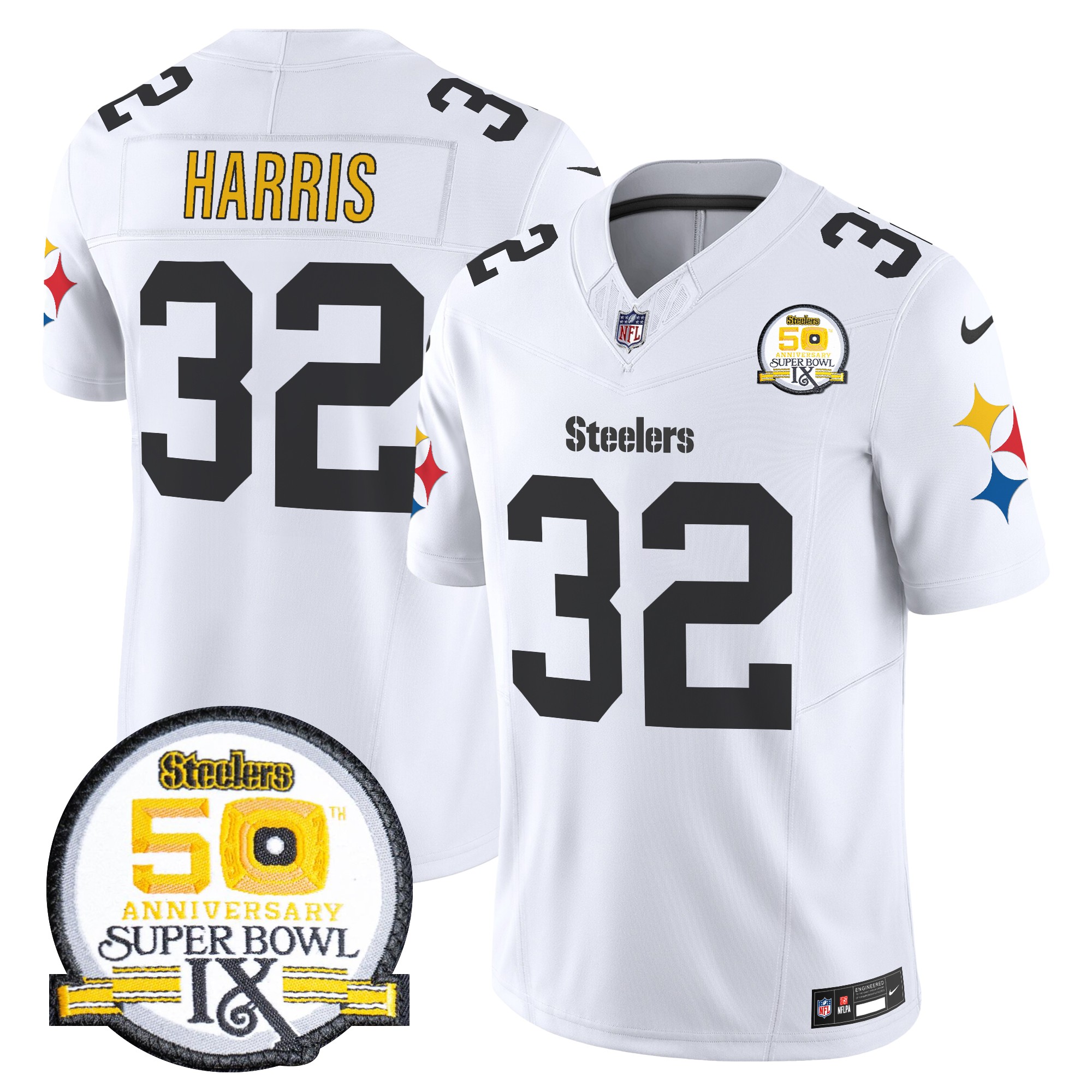 Franco Harris Men's Pittsburgh Steelers 50th Anniversary Of Super Bowl IX Patch Vapor Limited 1975 White Jersey - All Stitched