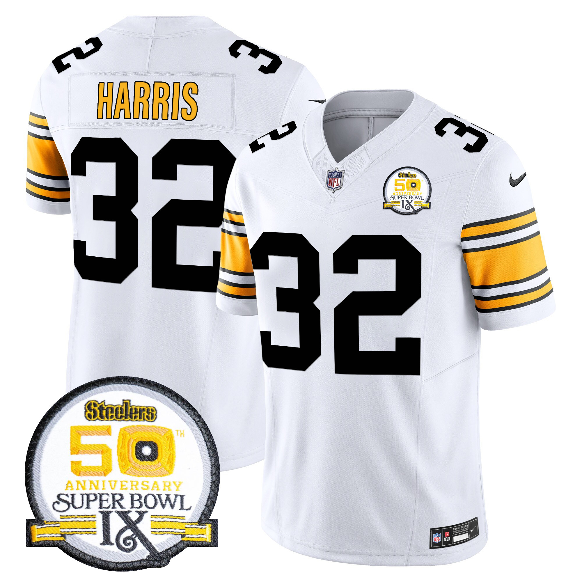 Franco Harris Men's Pittsburgh Steelers 50th Anniversary Of Super Bowl IX Patch Vapor Limited 1975 White Jersey - All Stitched