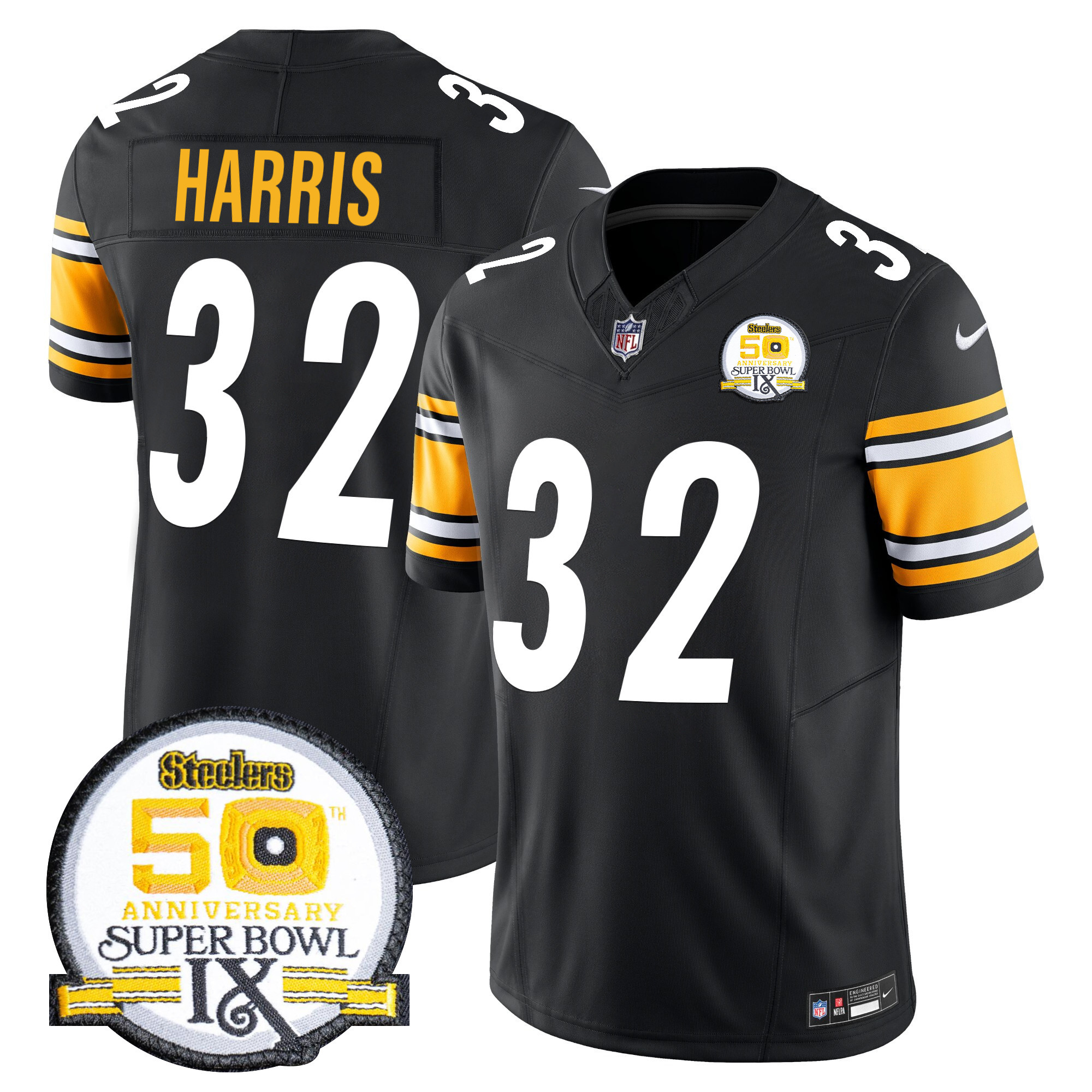 Franco Harris Men's Pittsburgh Steelers 50th Anniversary Of Super Bowl IX Patch Vapor Limited Black Jersey - All Stitched