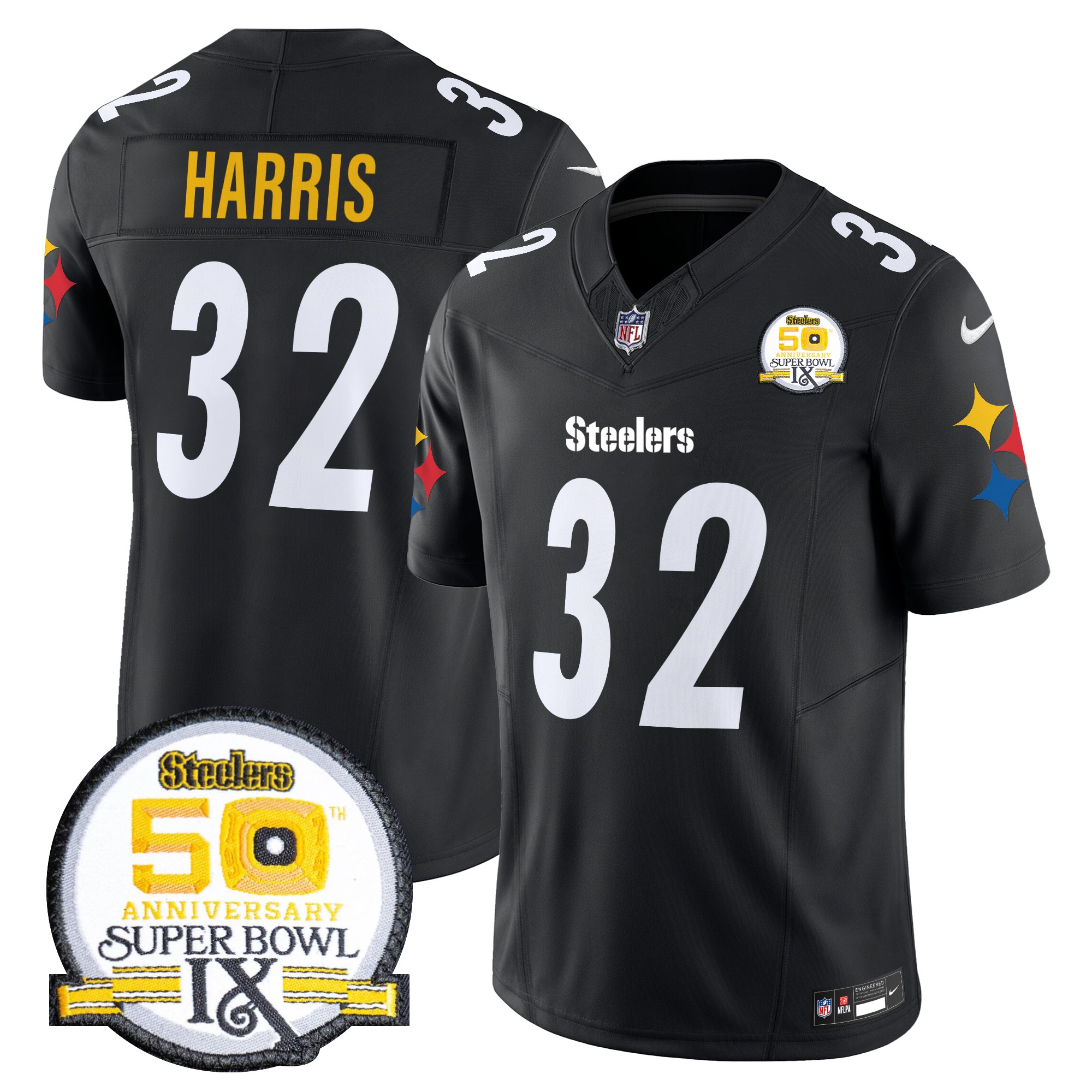 Franco Harris Men's Pittsburgh Steelers 50th Anniversary Of Super Bowl IX Patch Vapor Limited Black Jersey - All Stitched