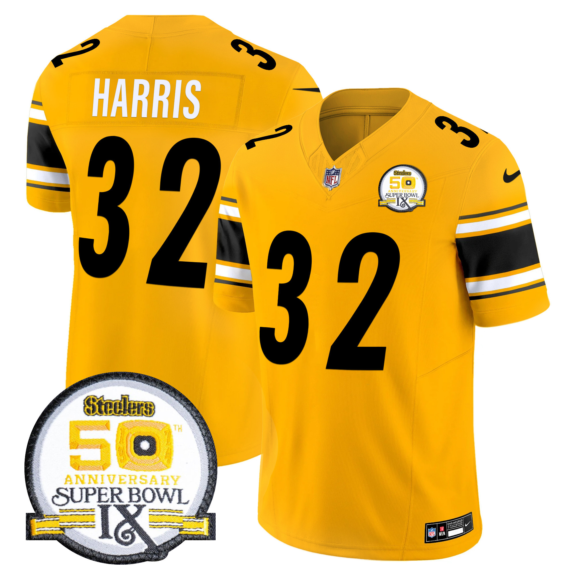 Franco Harris Men's Pittsburgh Steelers 50th Anniversary Of Super Bowl IX Patch Vapor Limited Gold Jersey - All Stitched