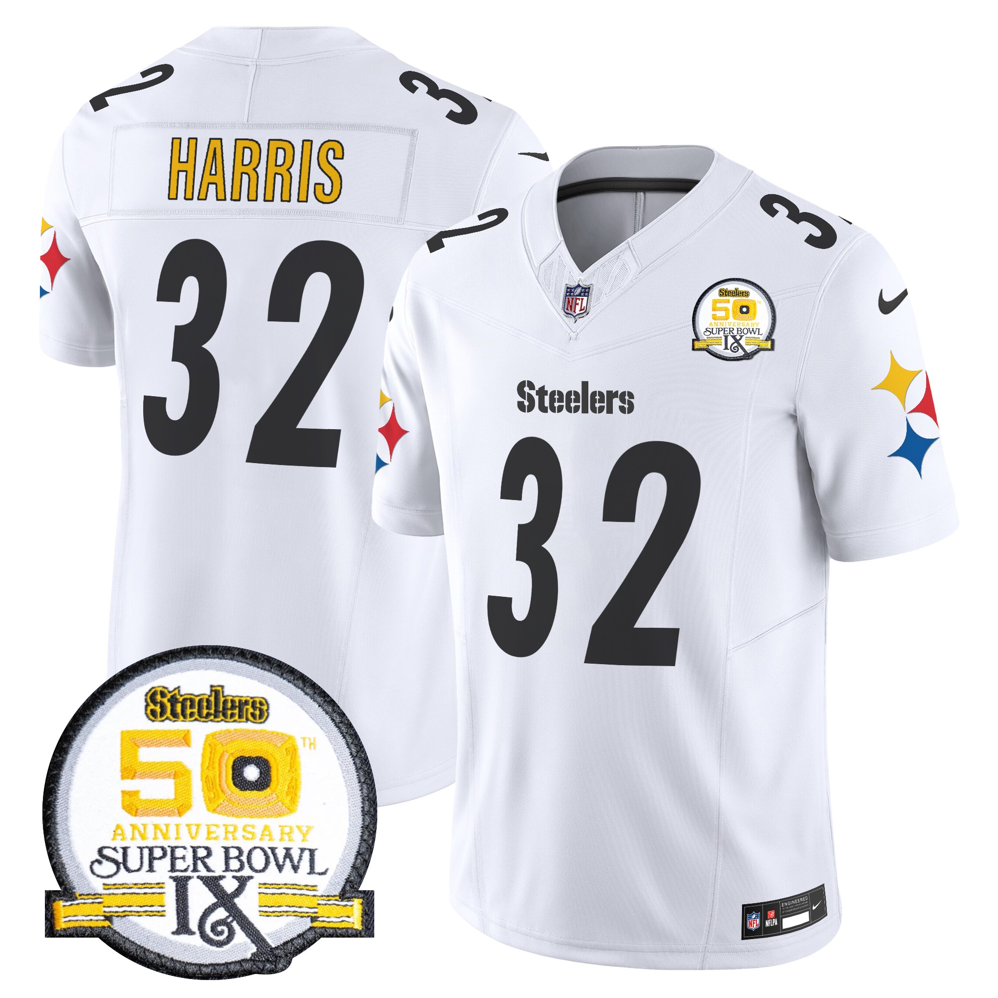 Franco Harris Men's Pittsburgh Steelers 50th Anniversary Of Super Bowl IX Patch Vapor Limited White Jersey - All Stitched