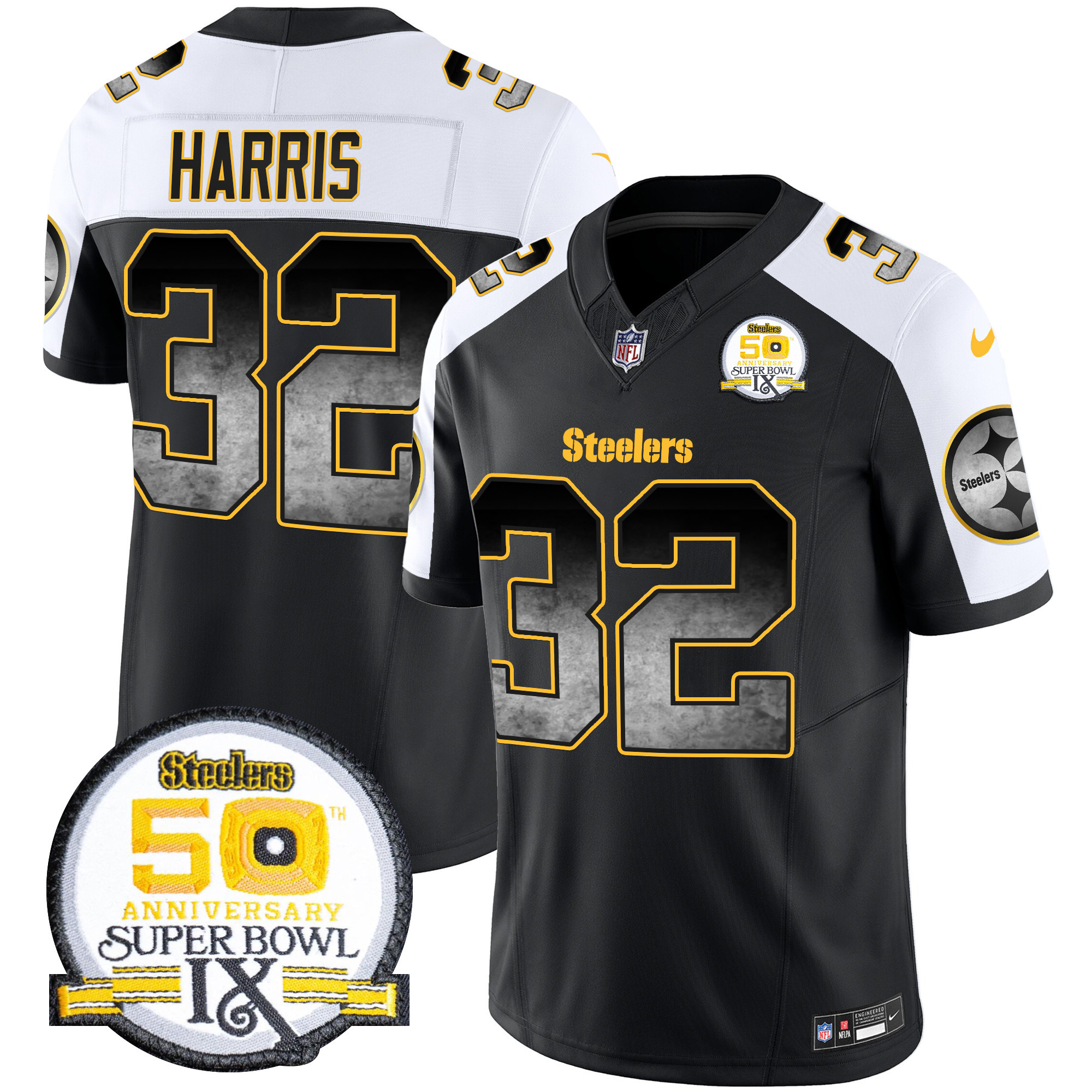 Franco Harris Men's Pittsburgh Steelers Arch Smoke 50th Anniversary Of Super Bowl IX Patch Vapor Limited Alternate Jersey - All Stitched