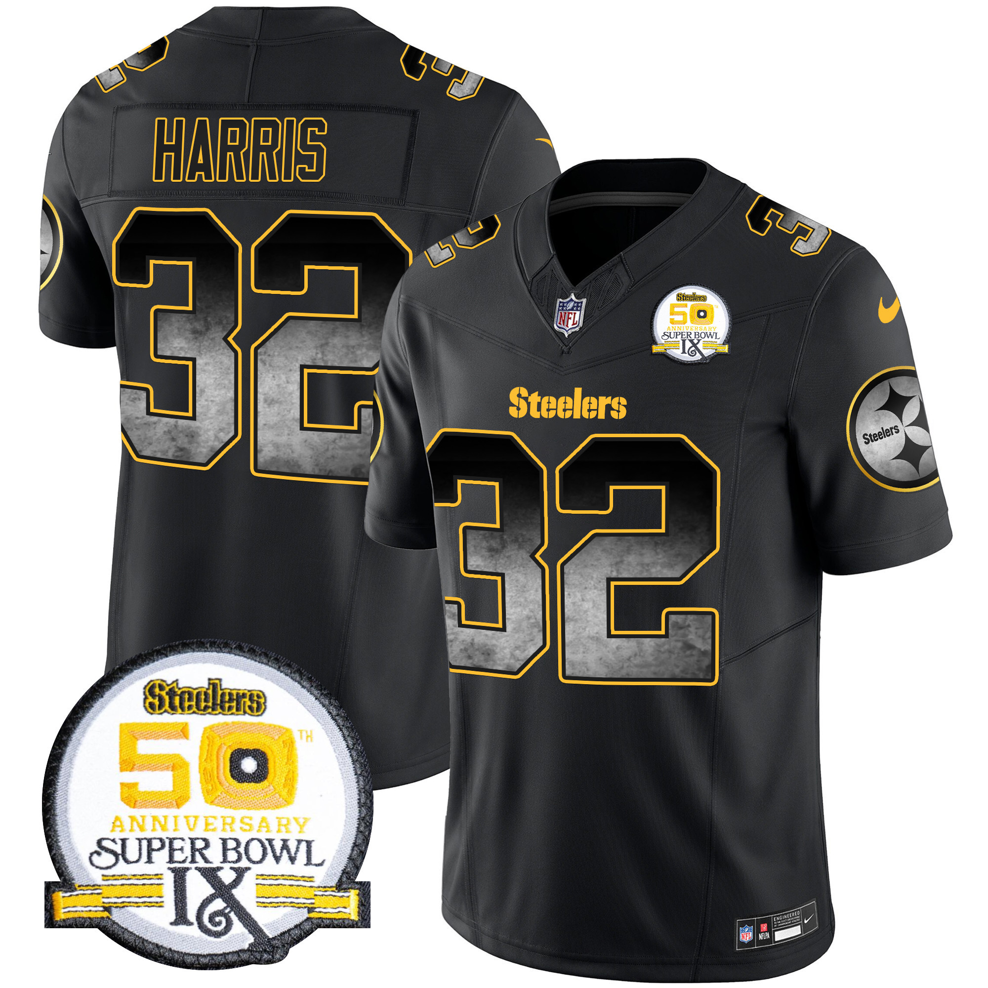 Franco Harris Men's Pittsburgh Steelers Arch Smoke 50th Anniversary Of Super Bowl IX Patch Vapor Limited Black Jersey - All Stitched